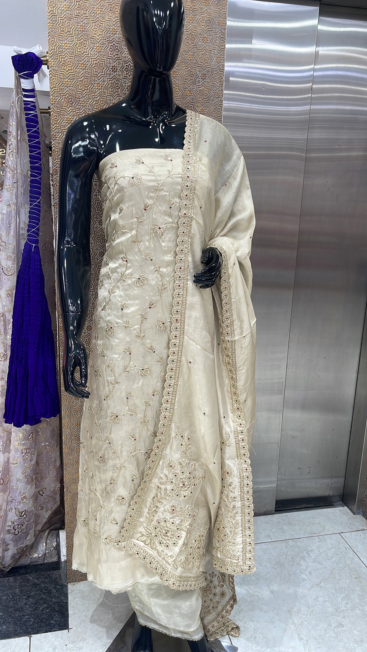 Silk Tissue Fabric with Delicate Floral Vine Embroidery