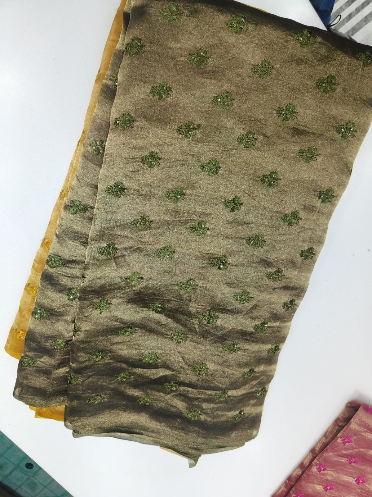 Pure Silk Tissue Butti Embroidery Fabric – Olive Bronze