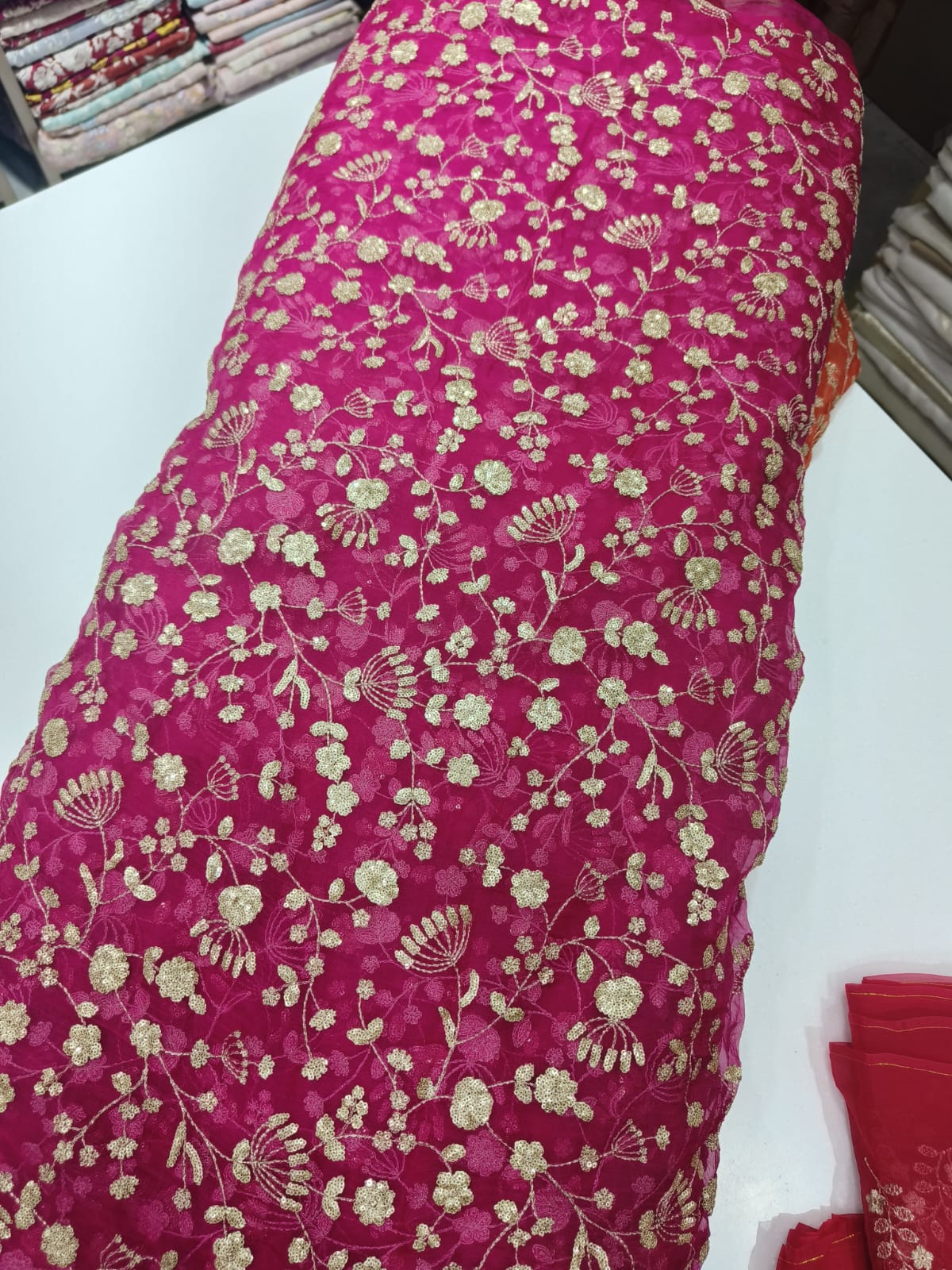 Pure Silk Organza Zari Embroidery Fabric – Rani Pink