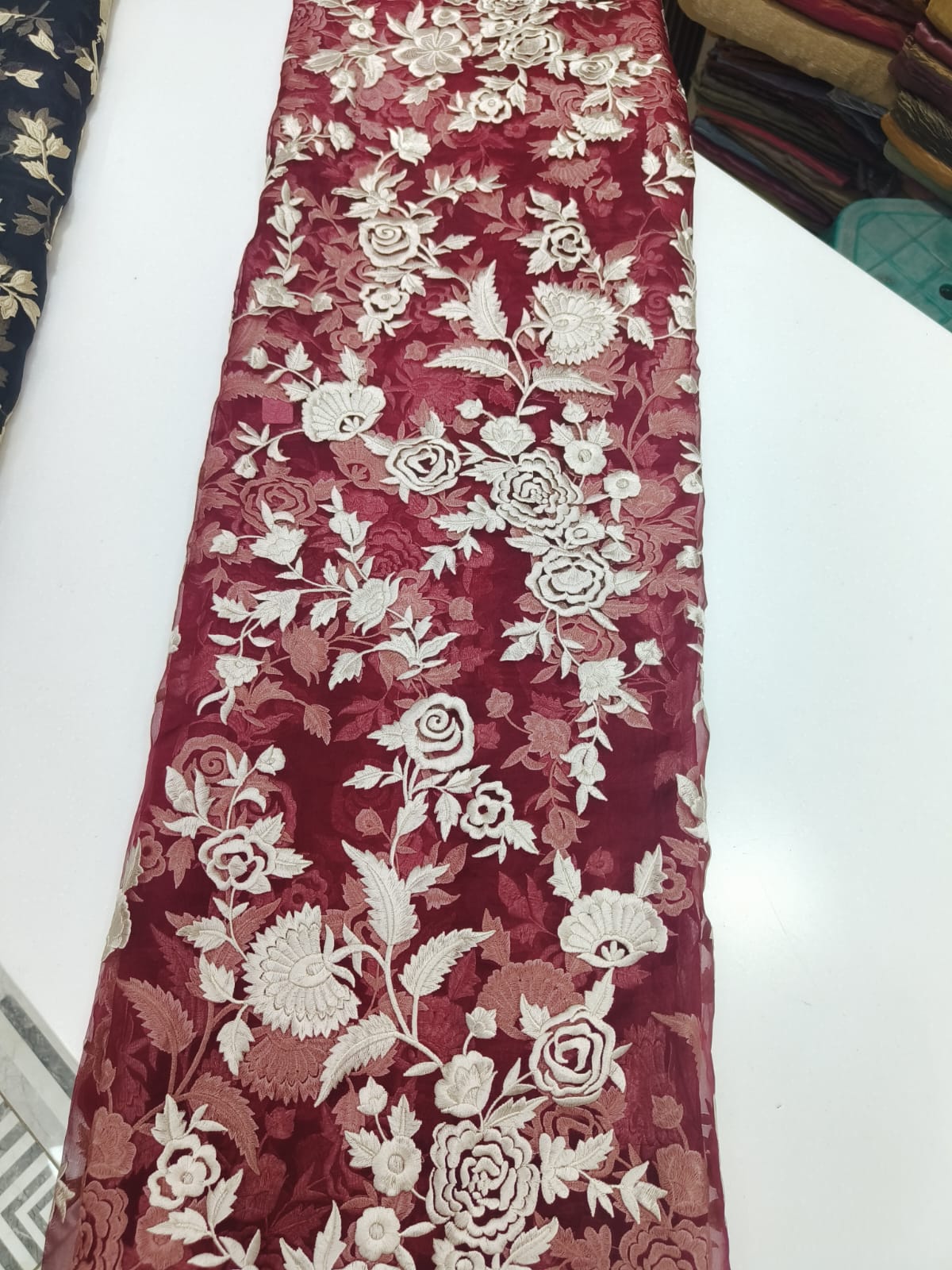Pure Silk Organza Zari Embroidery Fabric – Wine Floral