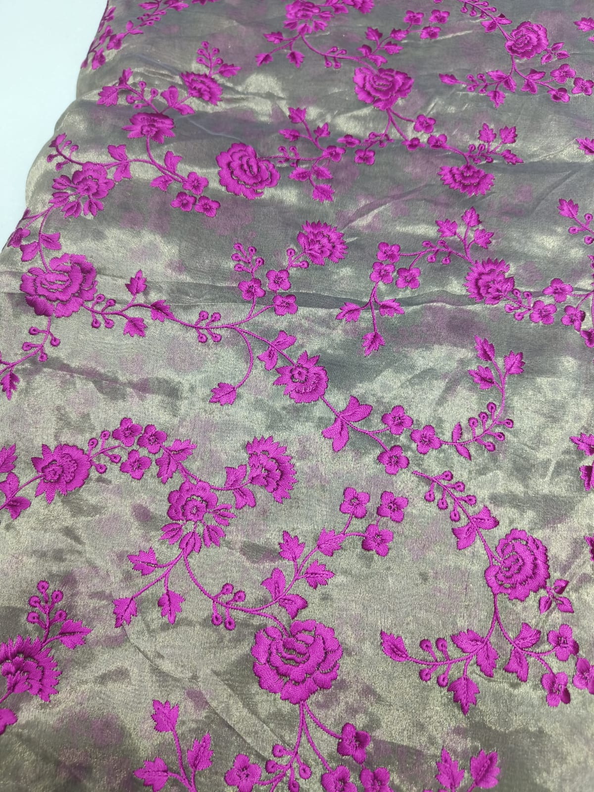 Pure Silk Tissue Floral Embroidery Fabric – Beige & Magenta
