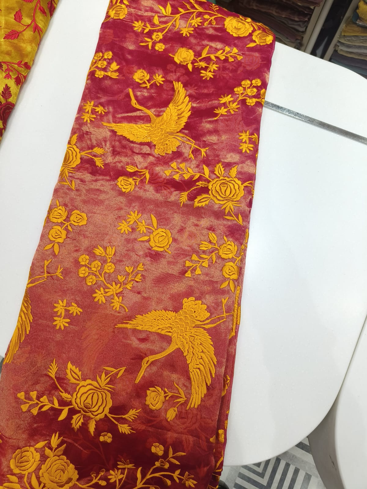 Pure Silk Tissue Bird Embroidery Fabric – Wine & Mustard