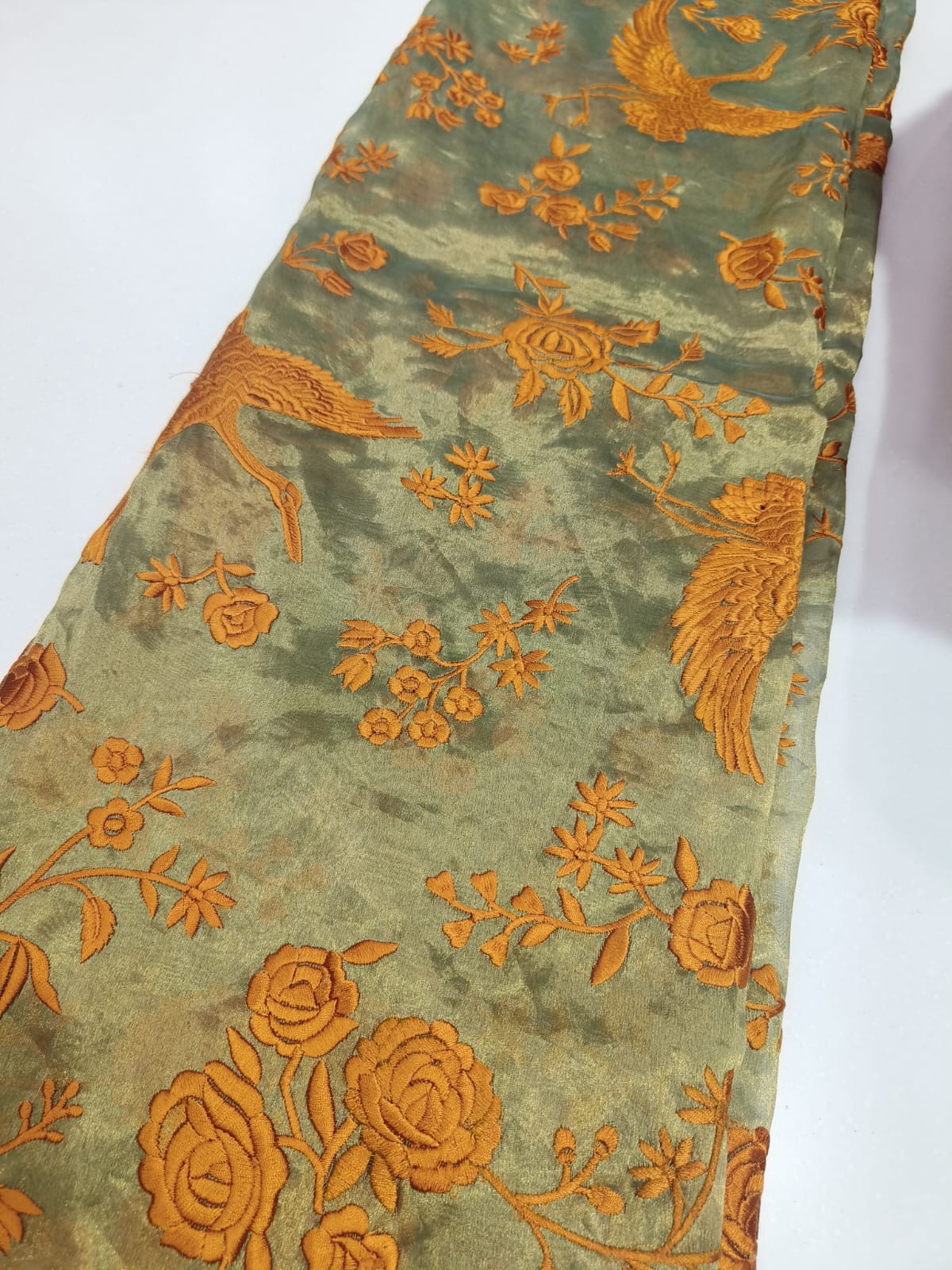 Pure Silk Tissue Bird & Floral Embroidery Fabric – Olive Green