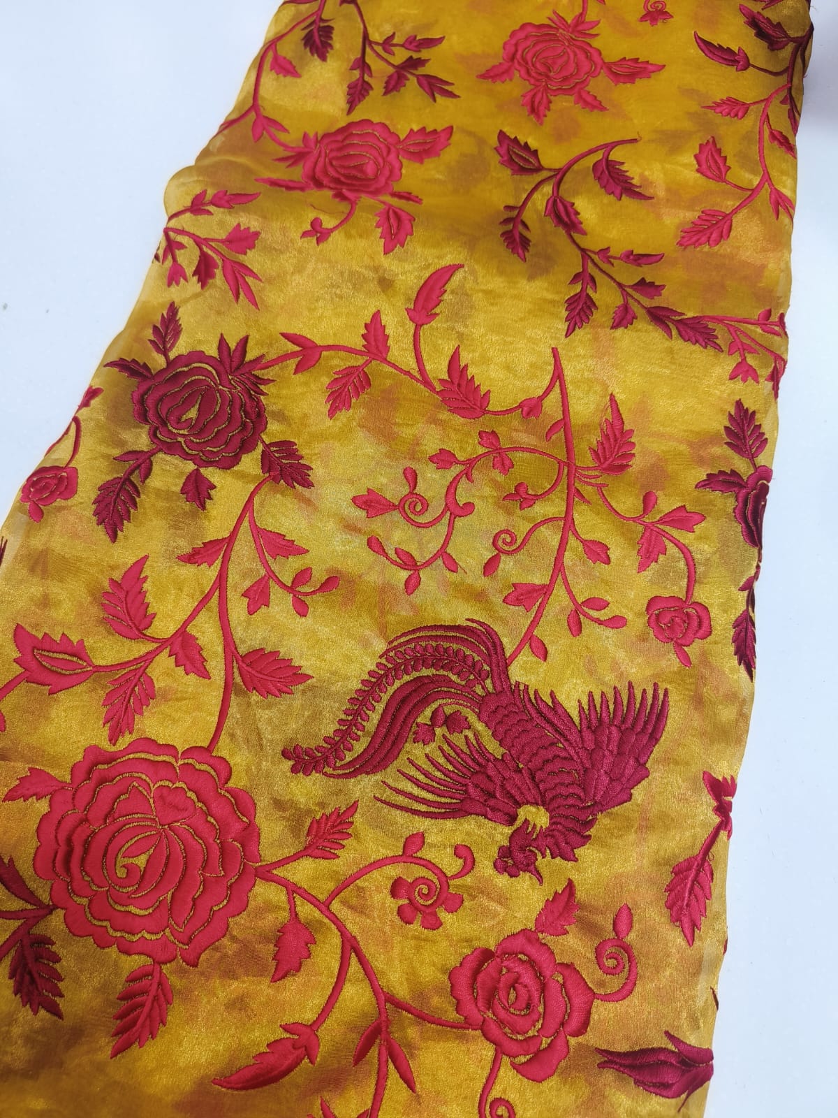 Pure Silk Tissue Bird & Floral Embroidery Fabric – Mustard Gold