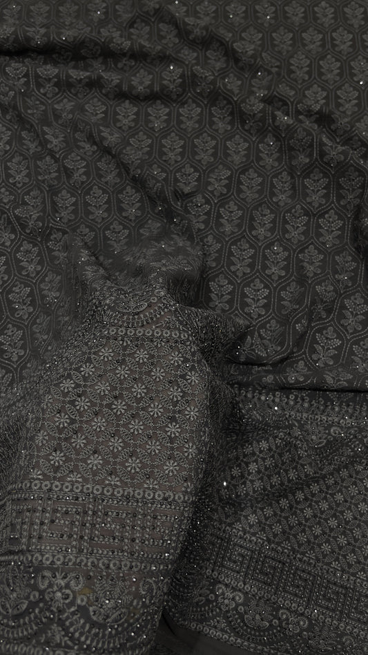 Black Dupian Embroidered Fabric with Sequins – Luxury Festive Wear Fabric