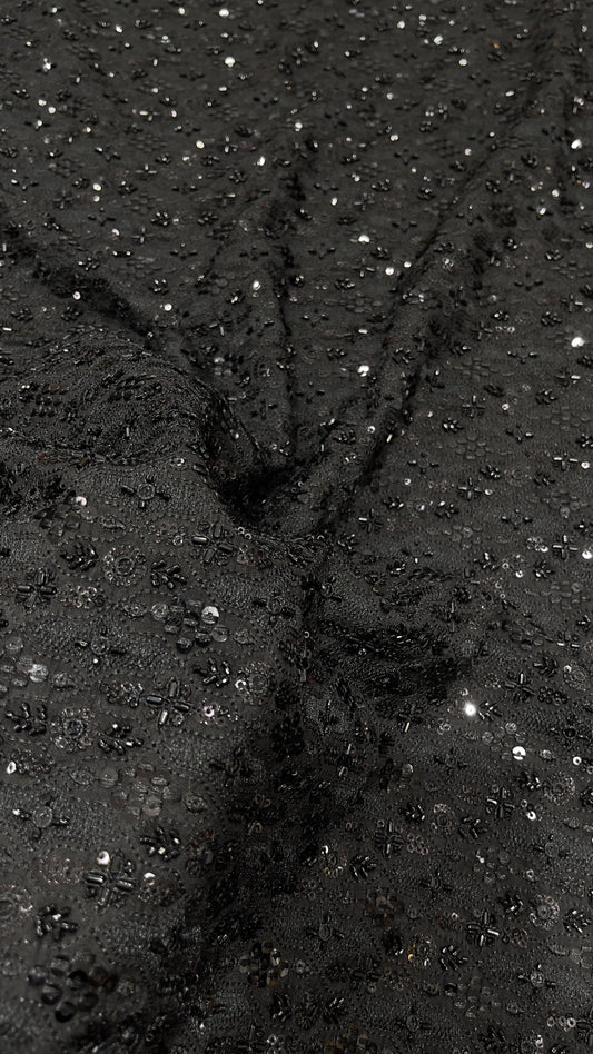 Black Dupion Heavy Sequin Embroidered Fabric – Luxury Party Wear