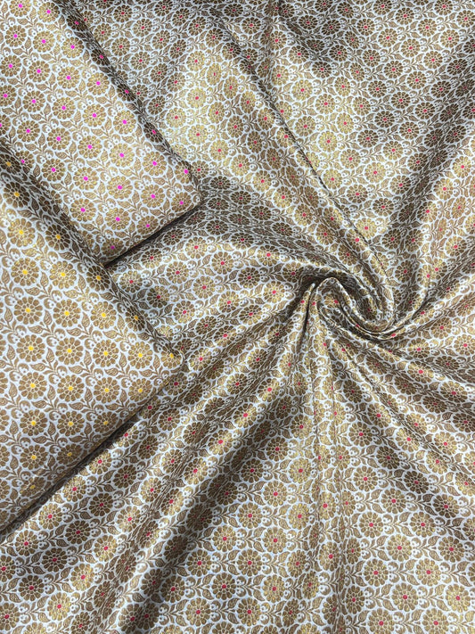 Pure Silk Banarasi Brocade Fabric – Gold Floral Buta with Pink Highlights