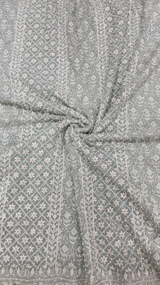 Pastel Grey Georgette Embroidered Fabric with Heavy Border & Sequins