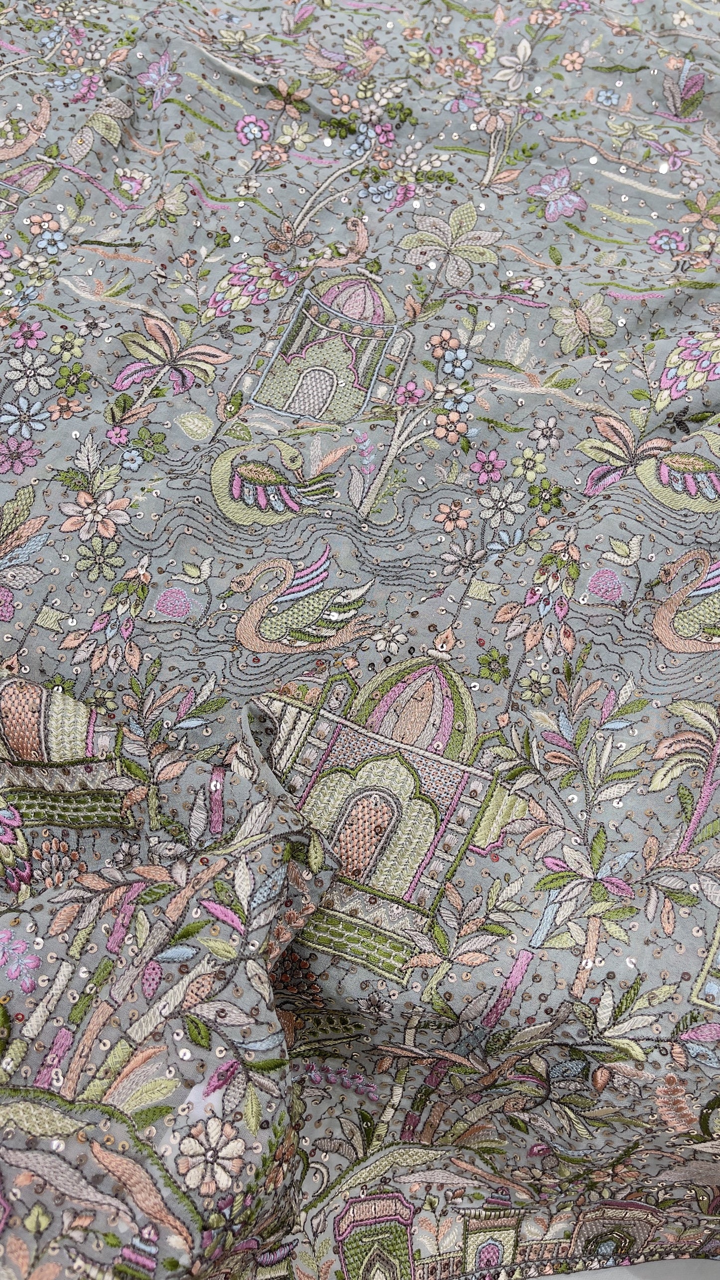 Multicolour Scenic Georgette Embroidered Fabric with Sequins – Designer Couture Fabric