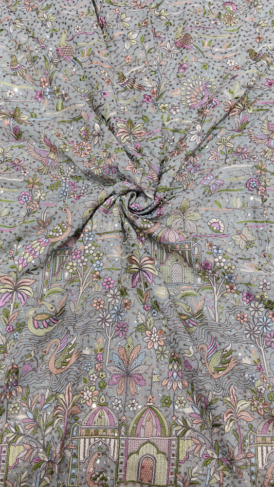 Multicolour Scenic Georgette Embroidered Fabric with Sequins – Designer Couture Fabric
