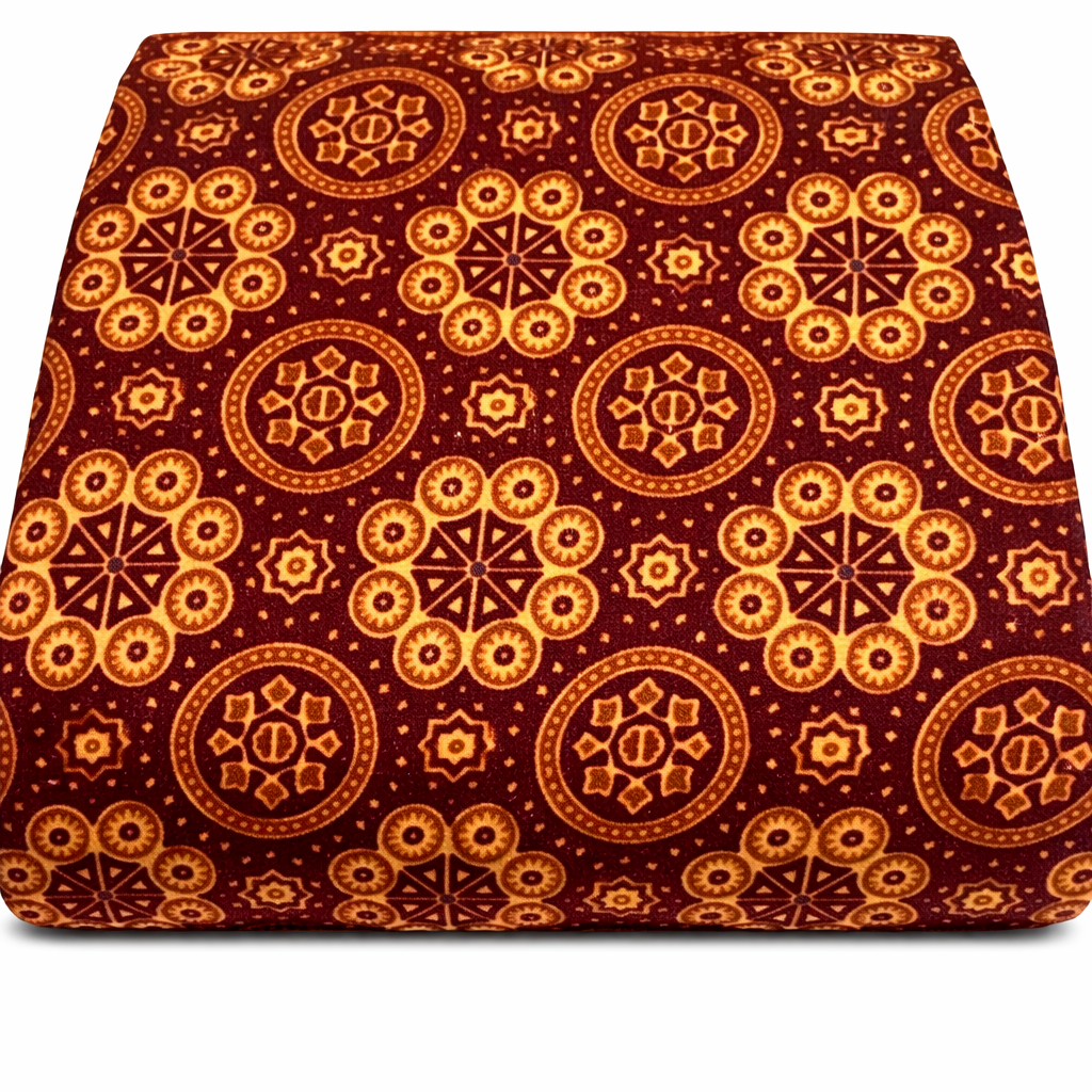 Traditional Ajrakh Inspired Circular Motif Printed Fabric (Brown, Indigo & Burgundy)