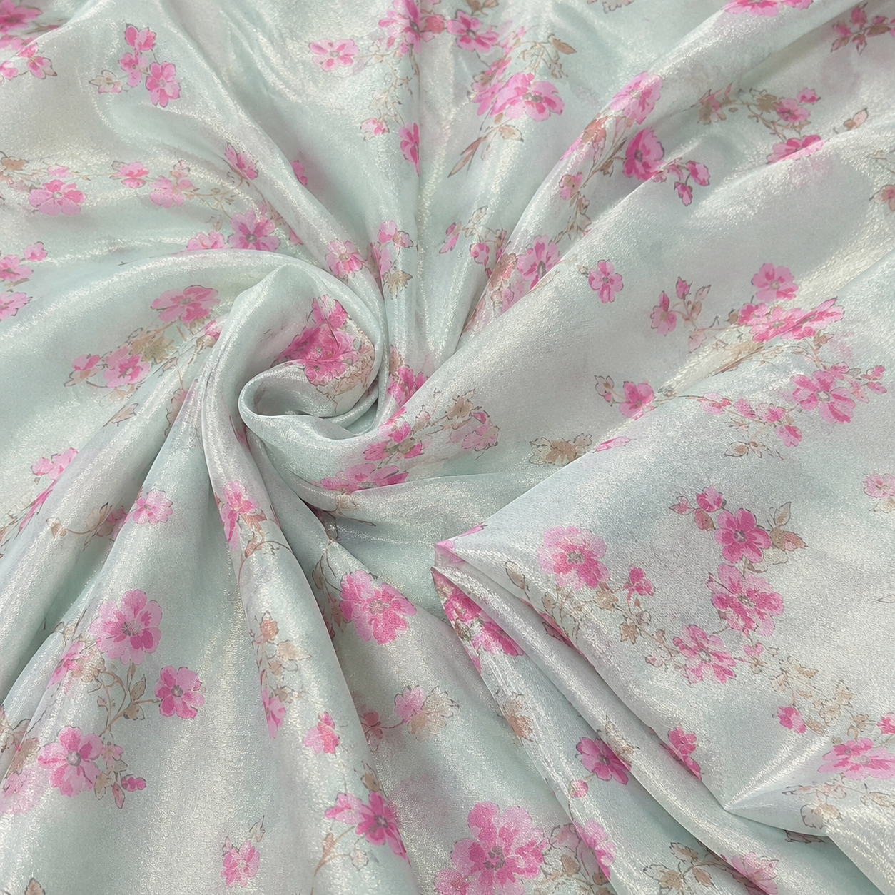 Mint Blossom Shimmer Tissue Fabric – Pink Floral Metallic Designer Fabric