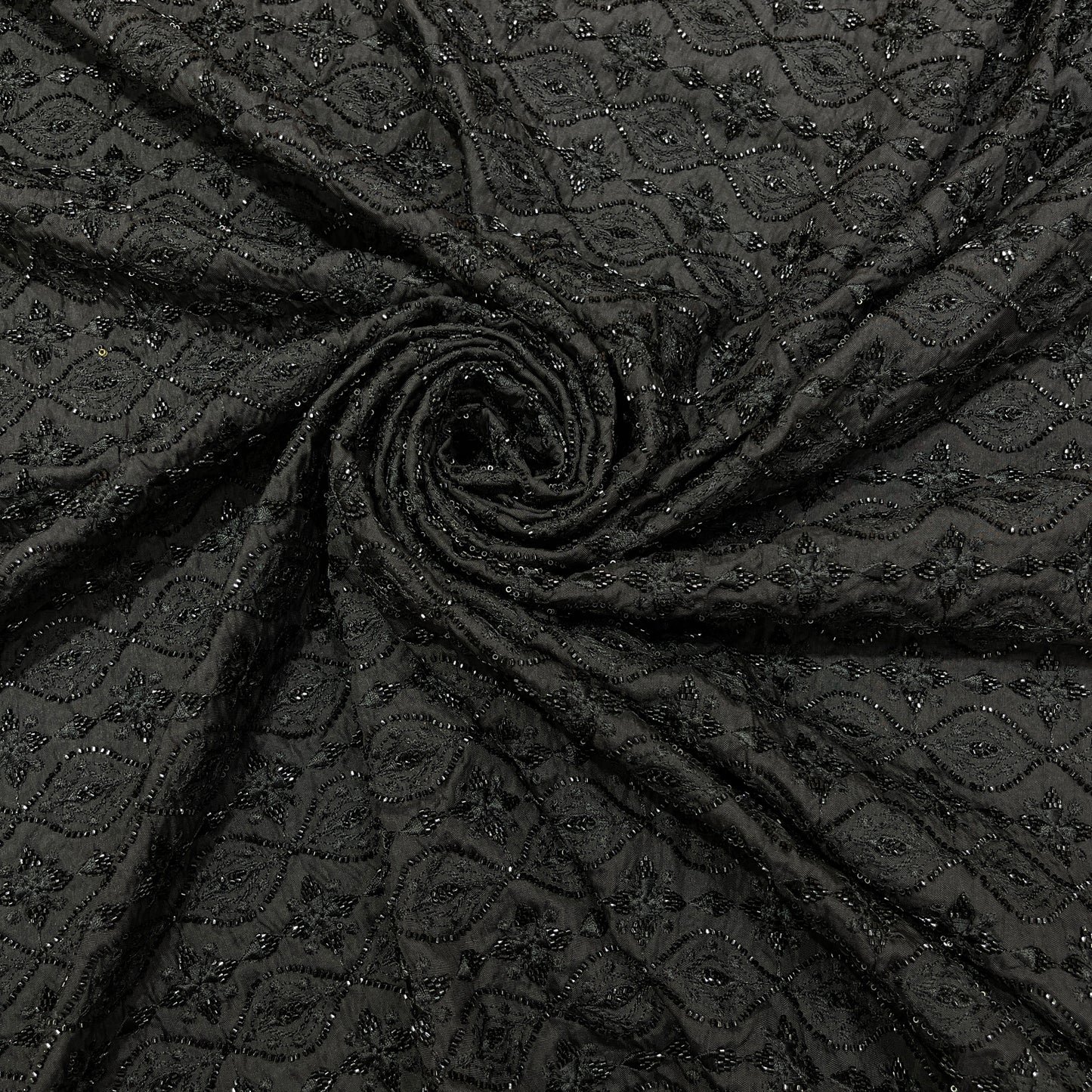 Premium Black Beaded Embroidered Mesh Fabric with Geometric Motifs dupion fabric
