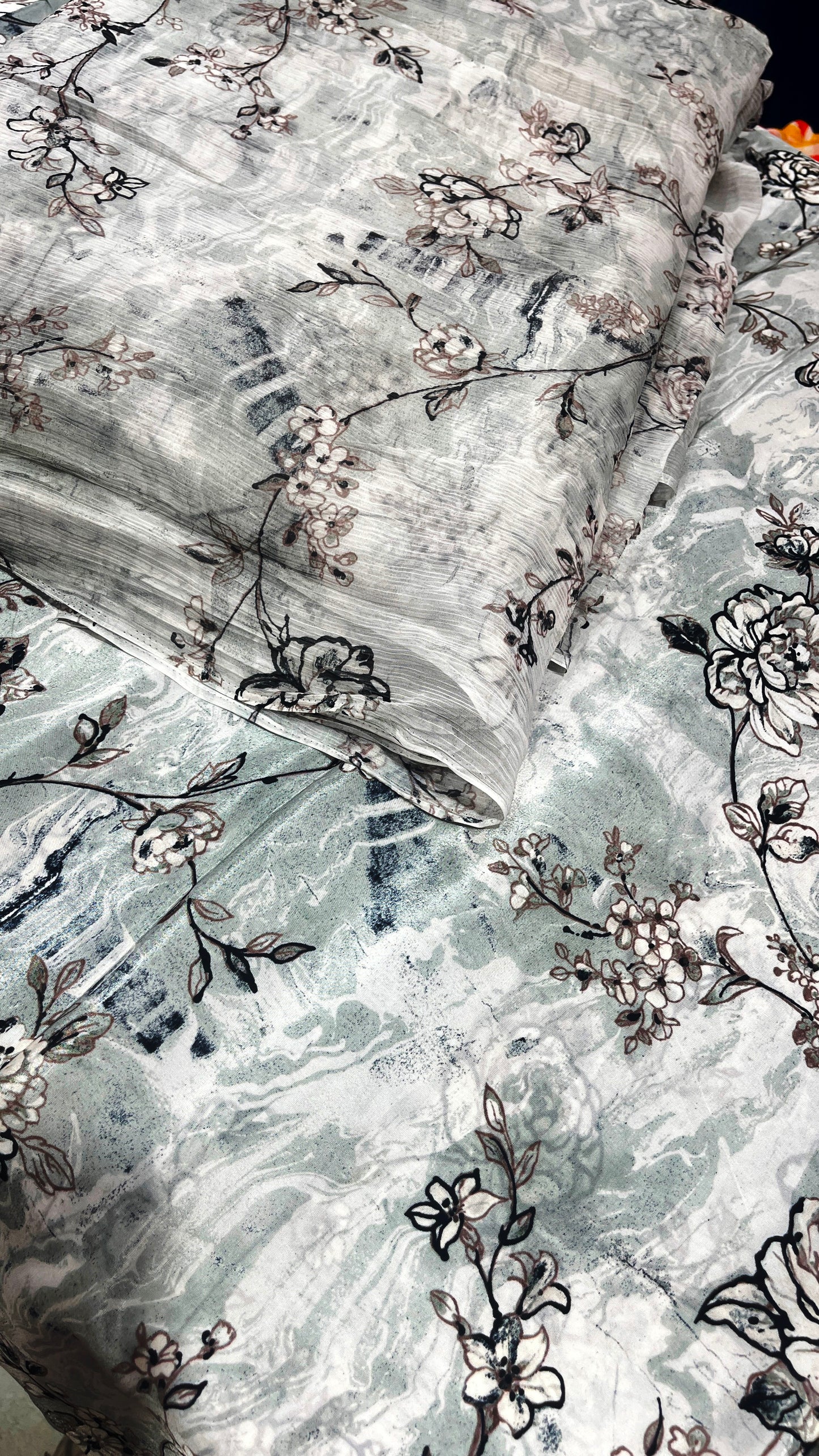 Pastel Blush Floral Crepe & Chiffon Fabric Combo – Soft Pink & Sage Green Designer Print