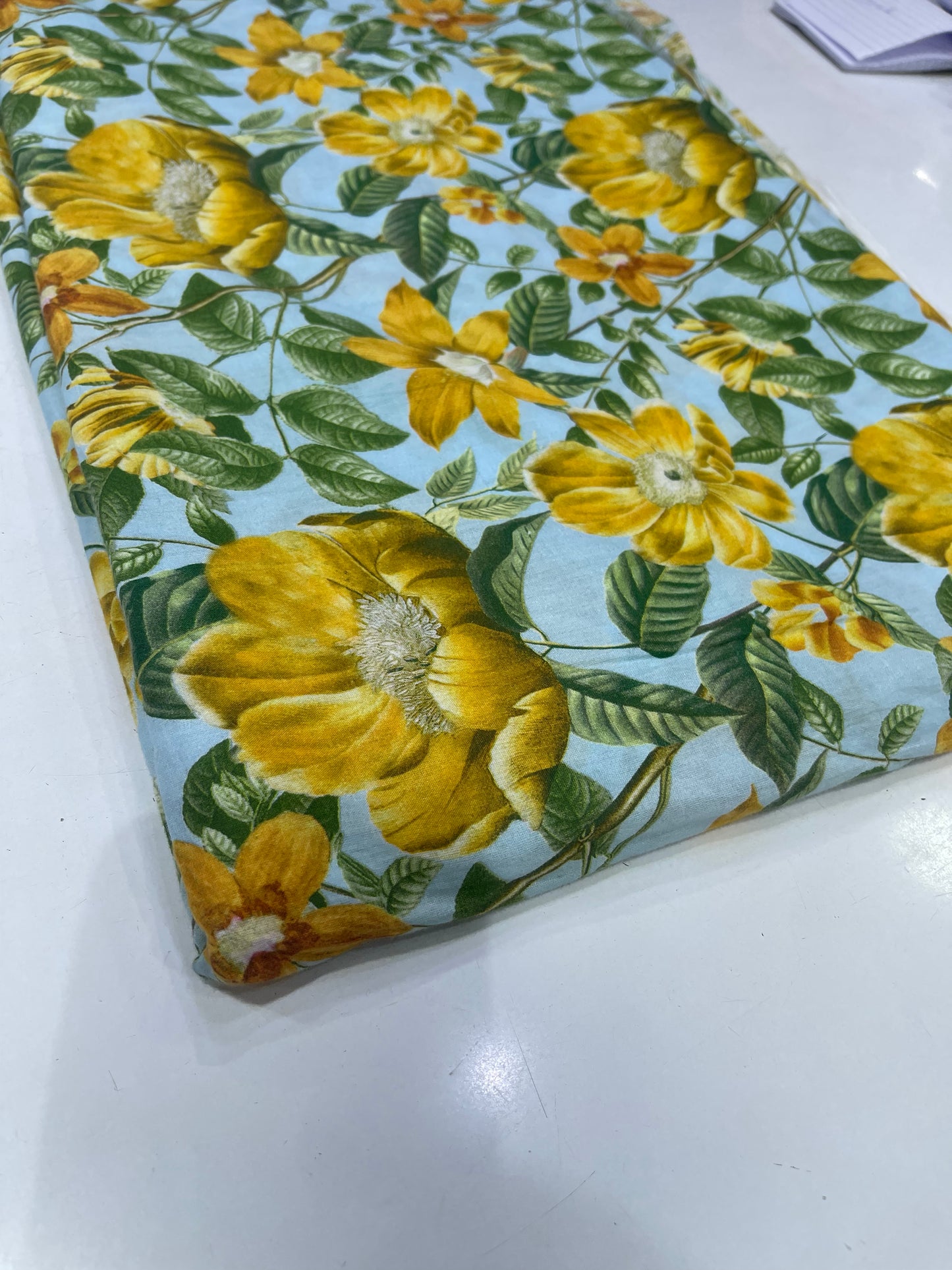 Pure Cotton Digital Print Fabric – Sky Blue Yellow Floral