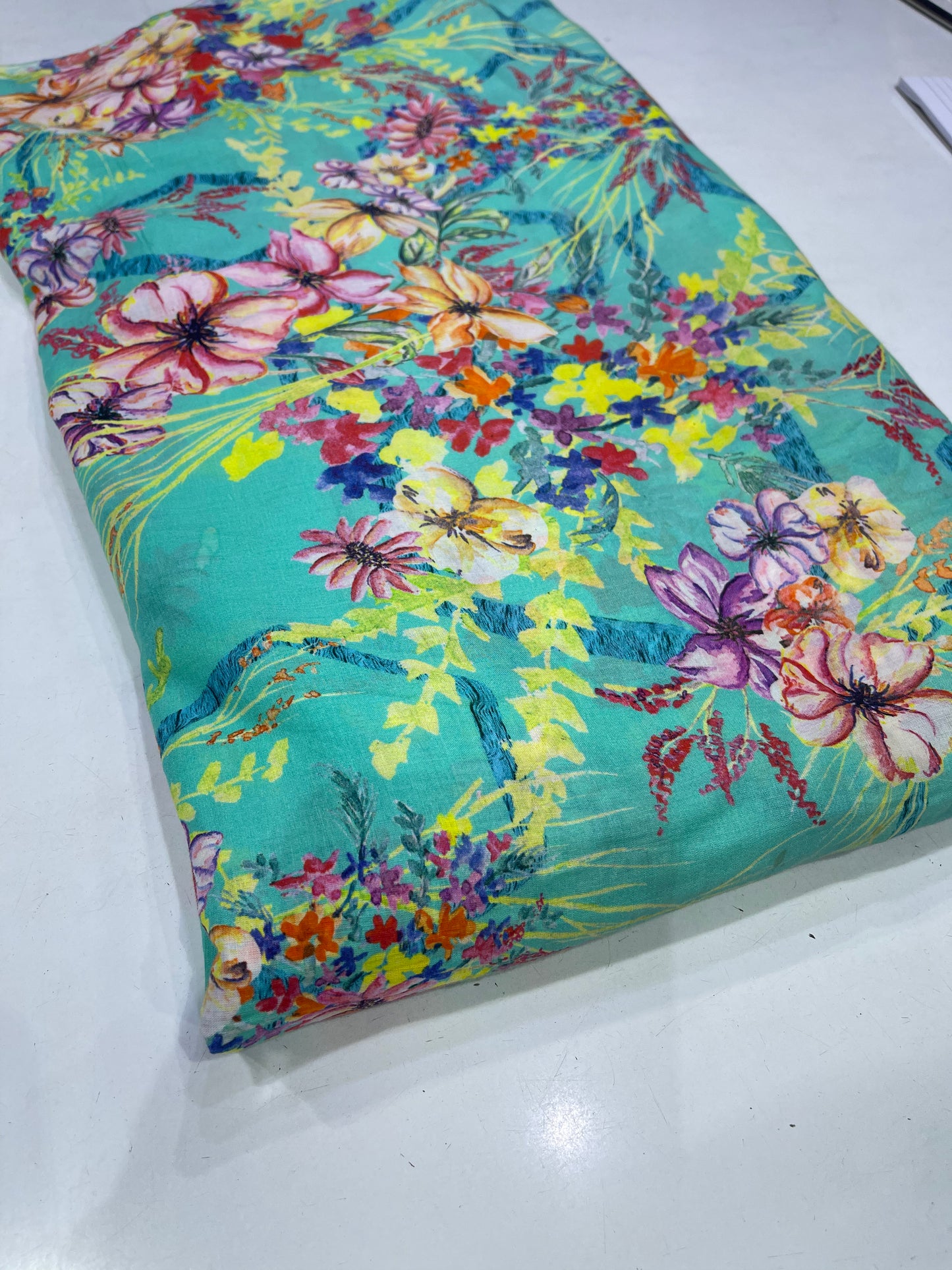 Pure Cotton Digital Print Fabric – Teal Multicolor Floral