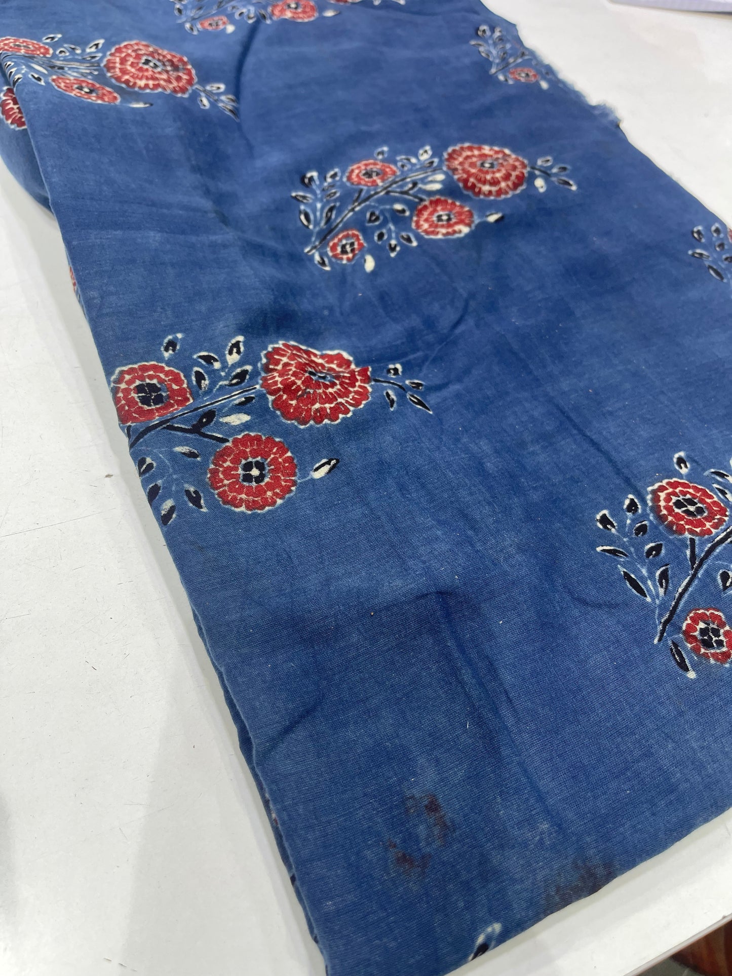 Pure Cotton Mul Ajrakh Print Fabric – Indigo Blue Floral Motifs