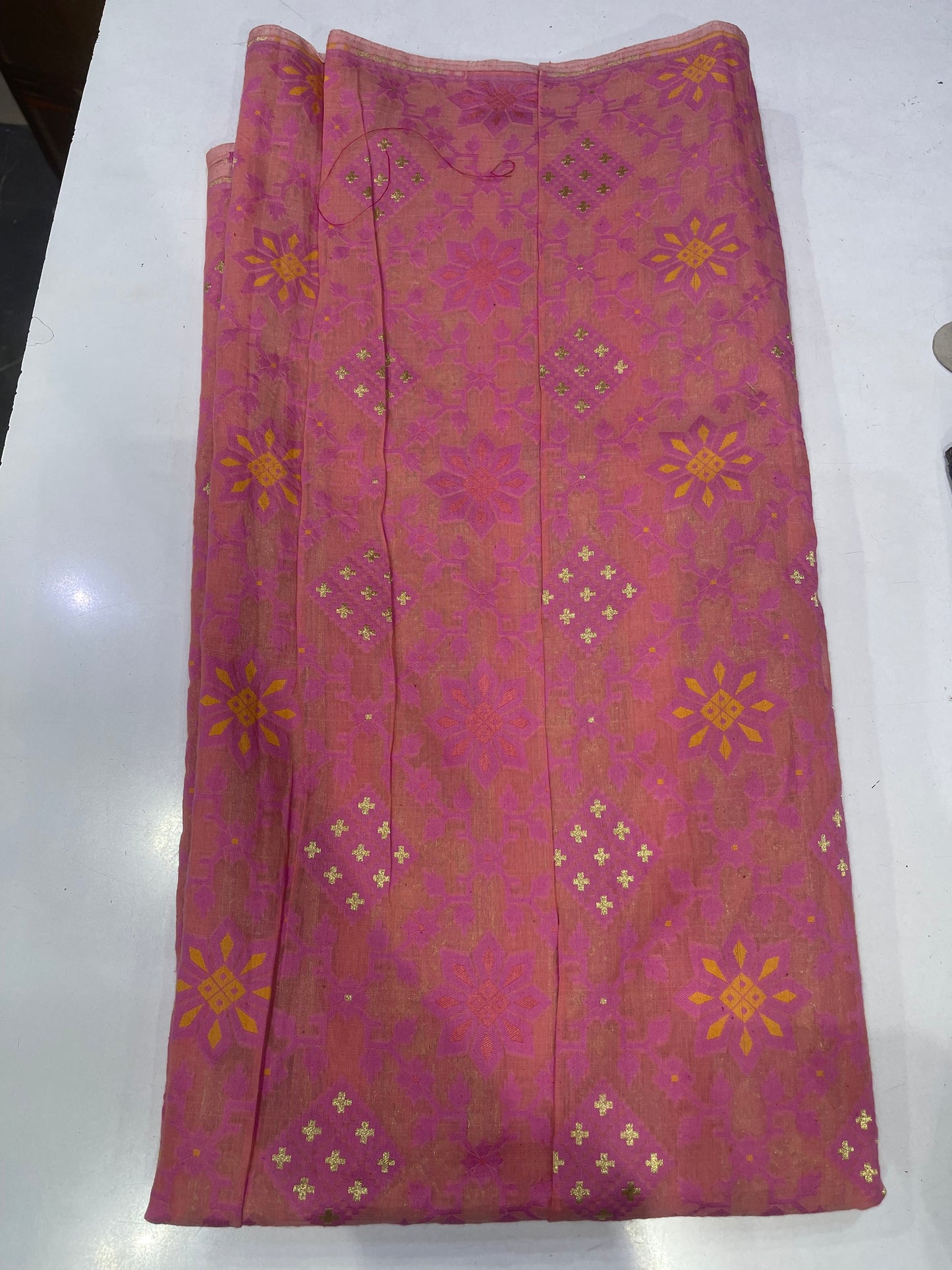 Art Silk Brocade Fabric – Rani Pink with Gold Floral Weave