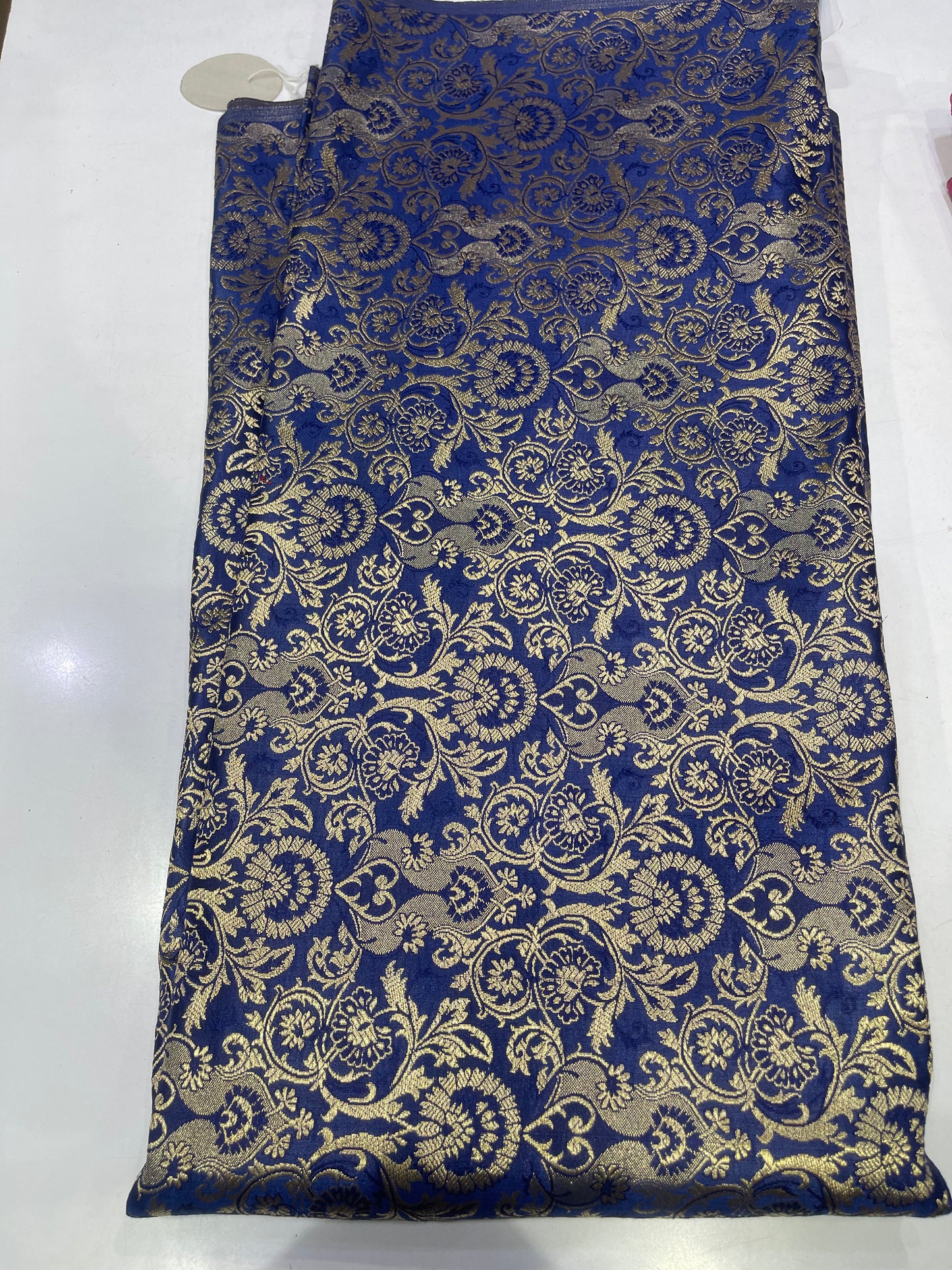 Royal Blue Art Silk Brocade Fabric with Gold Floral Weave – Premium Ethnic Fabric