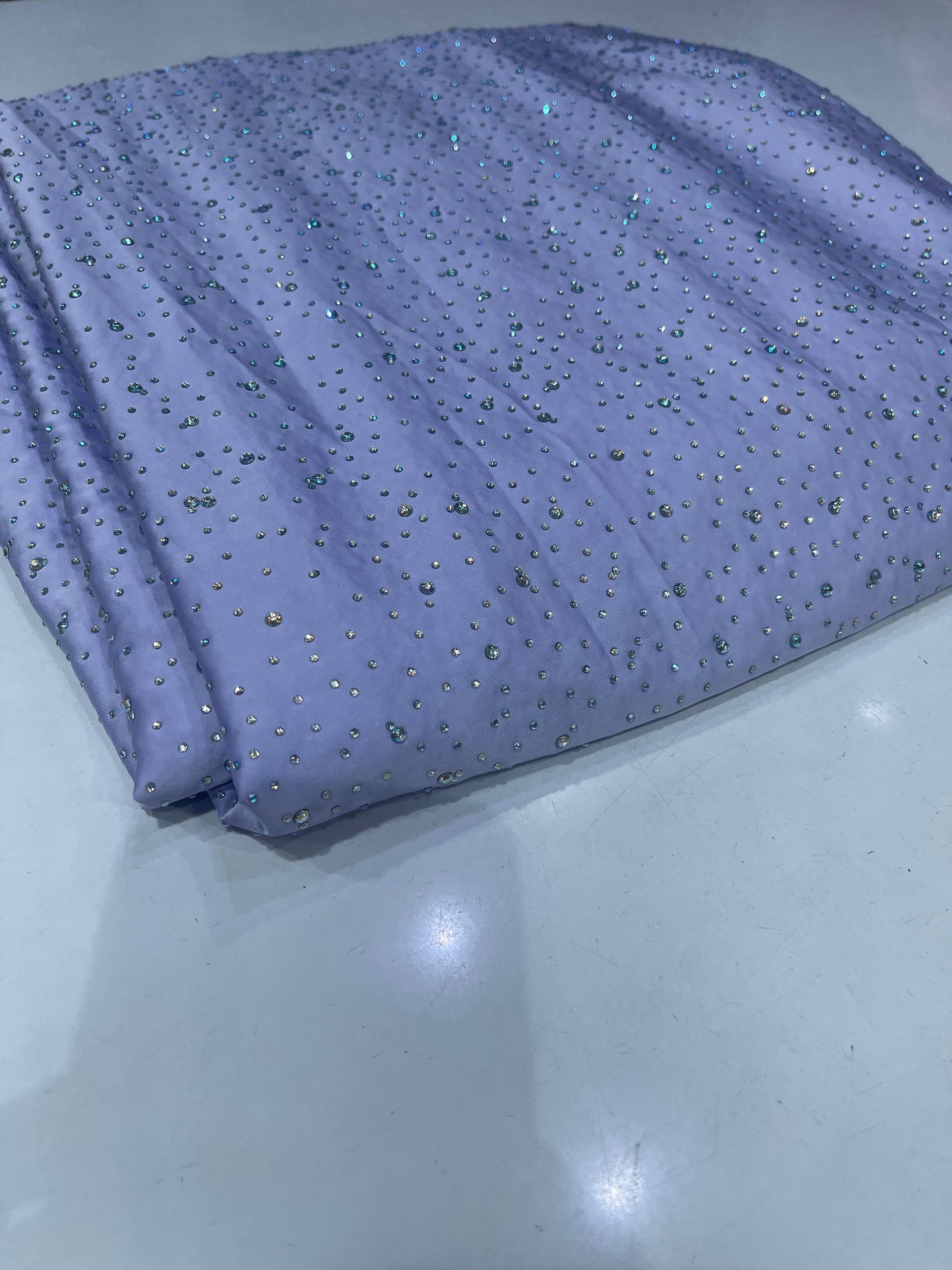 Stone Work Polyester Satin Fabric – Lavender Shimmer Partywear Material