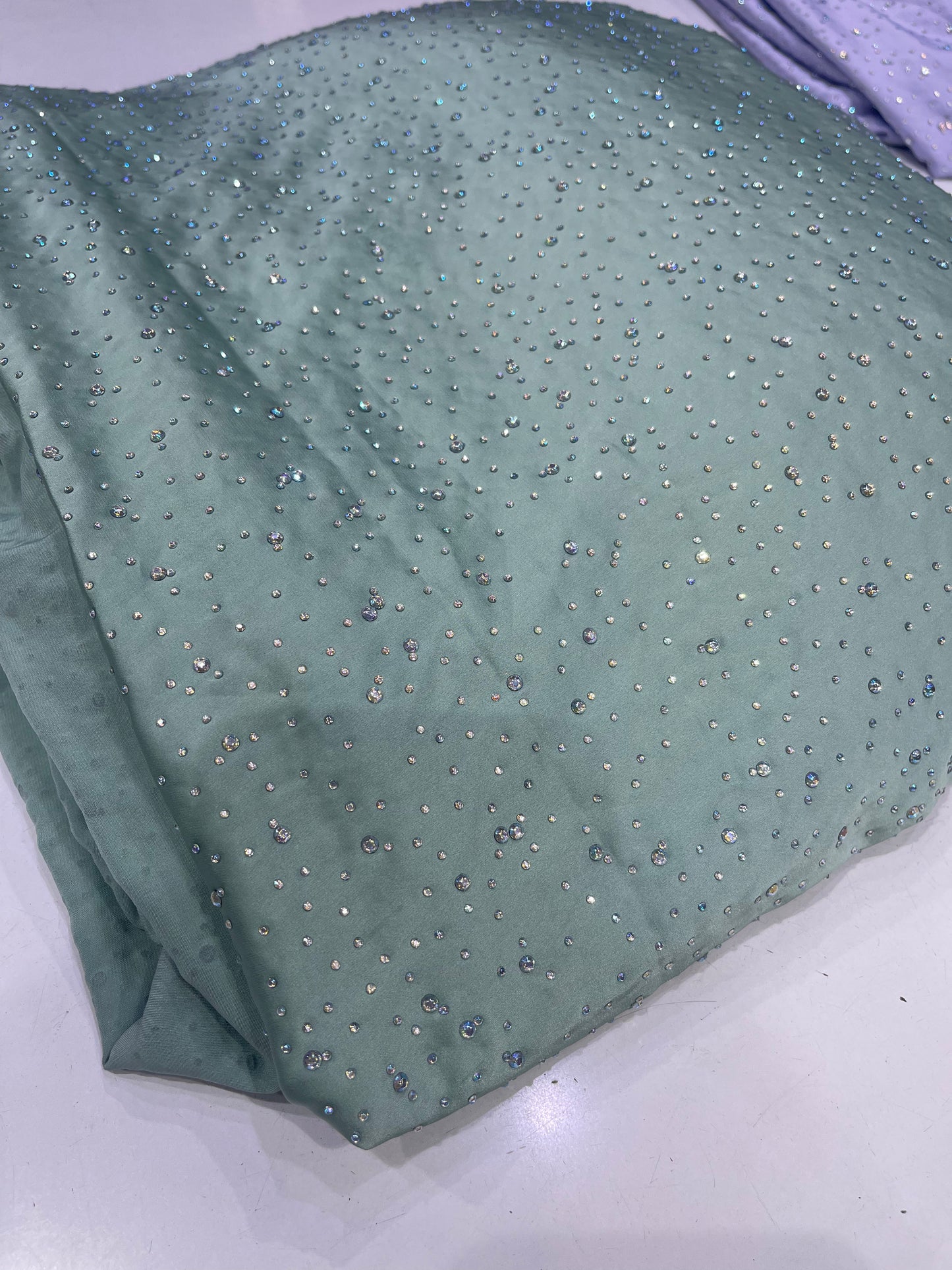Polyester Satin Fabric with Stone Work – Sage Green Partywear Material