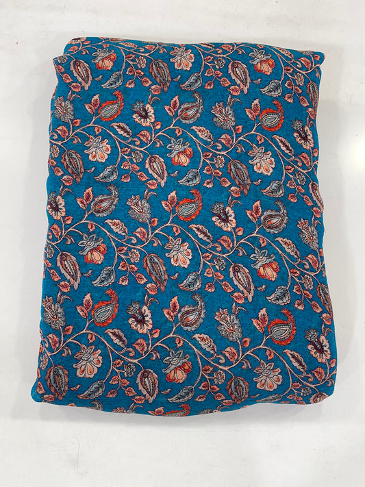 Premium Teal Blue Floral Printed Fabric – Elegant Paisley & Vine Design for Dresses, Kurtas & Home Decor