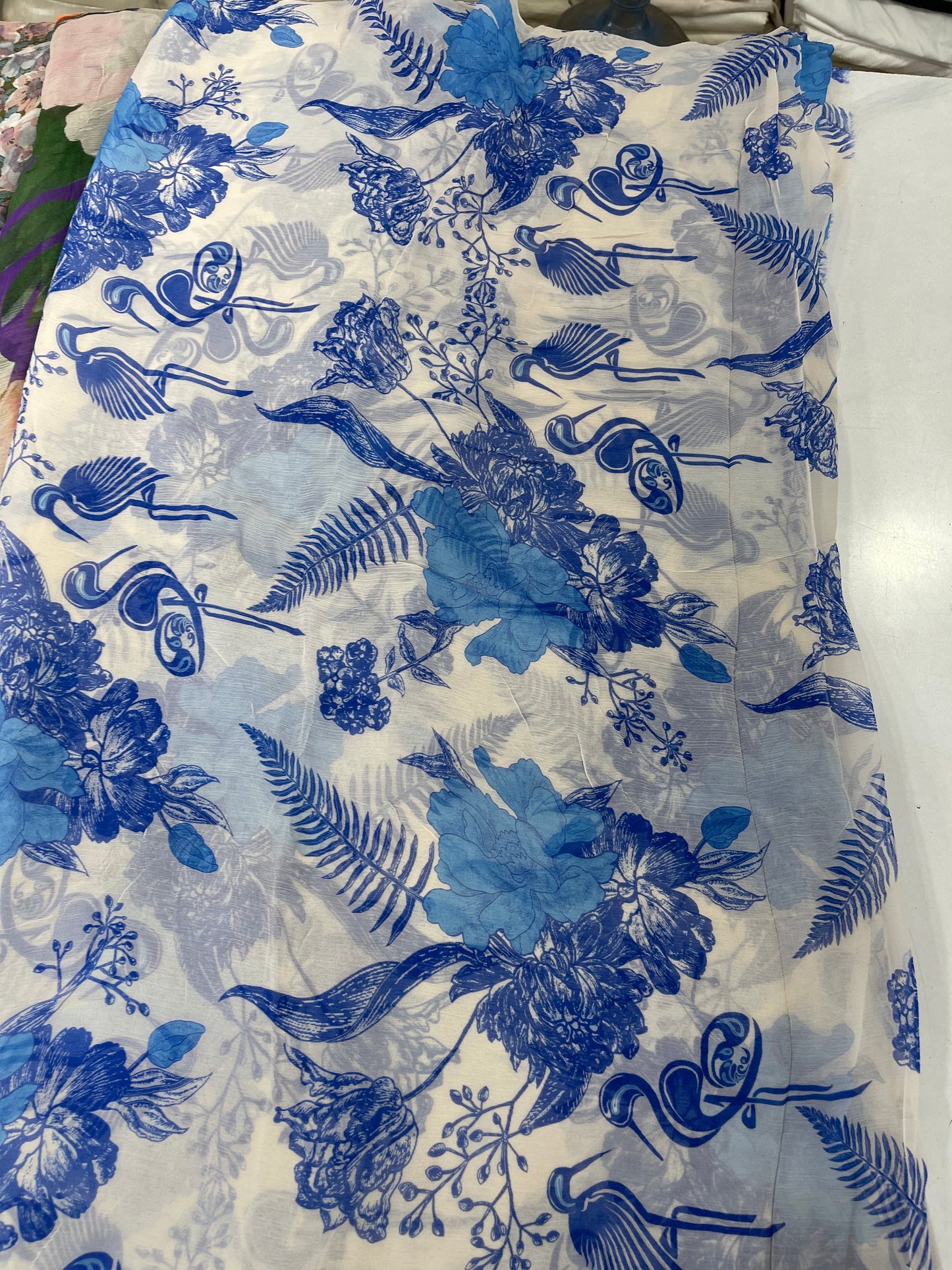 White & Blue Floral Flamingo Printed Fabric – Designer Fabric for Dresses, Kurtas & Stylish Apparel