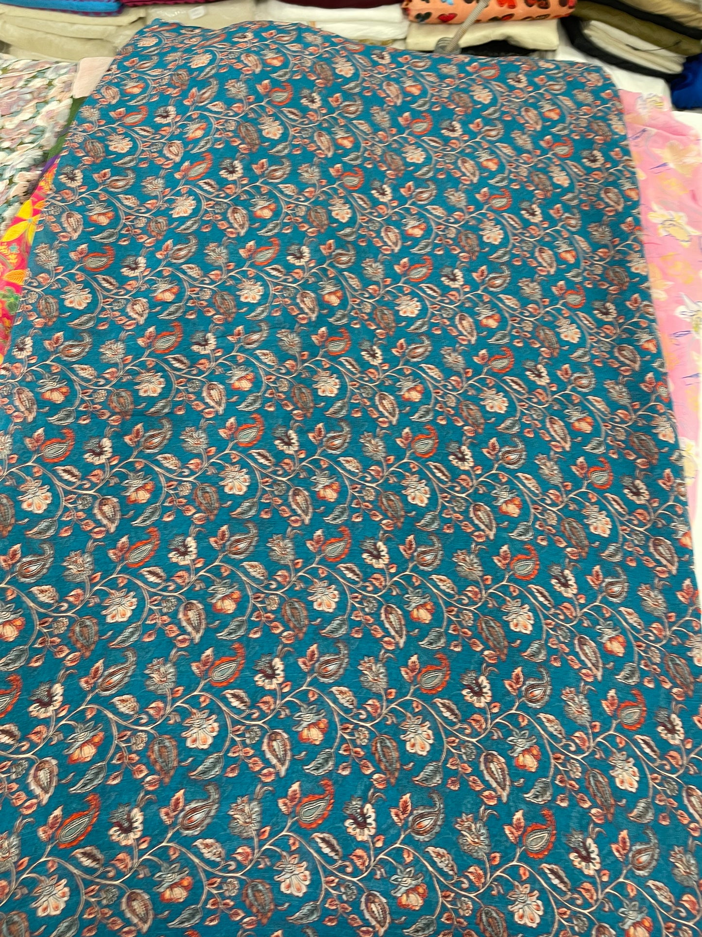 Teal Blue Floral Paisley Printed Fabric – Elegant Designer Fabric for Kurtas, Dresses & Ethnic Wear
