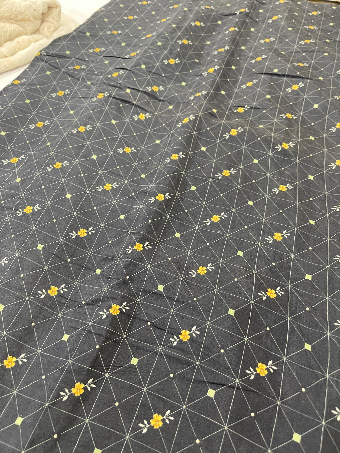 Viscose Muslin Digital Print Fabric – Charcoal Grey Geometric Floral