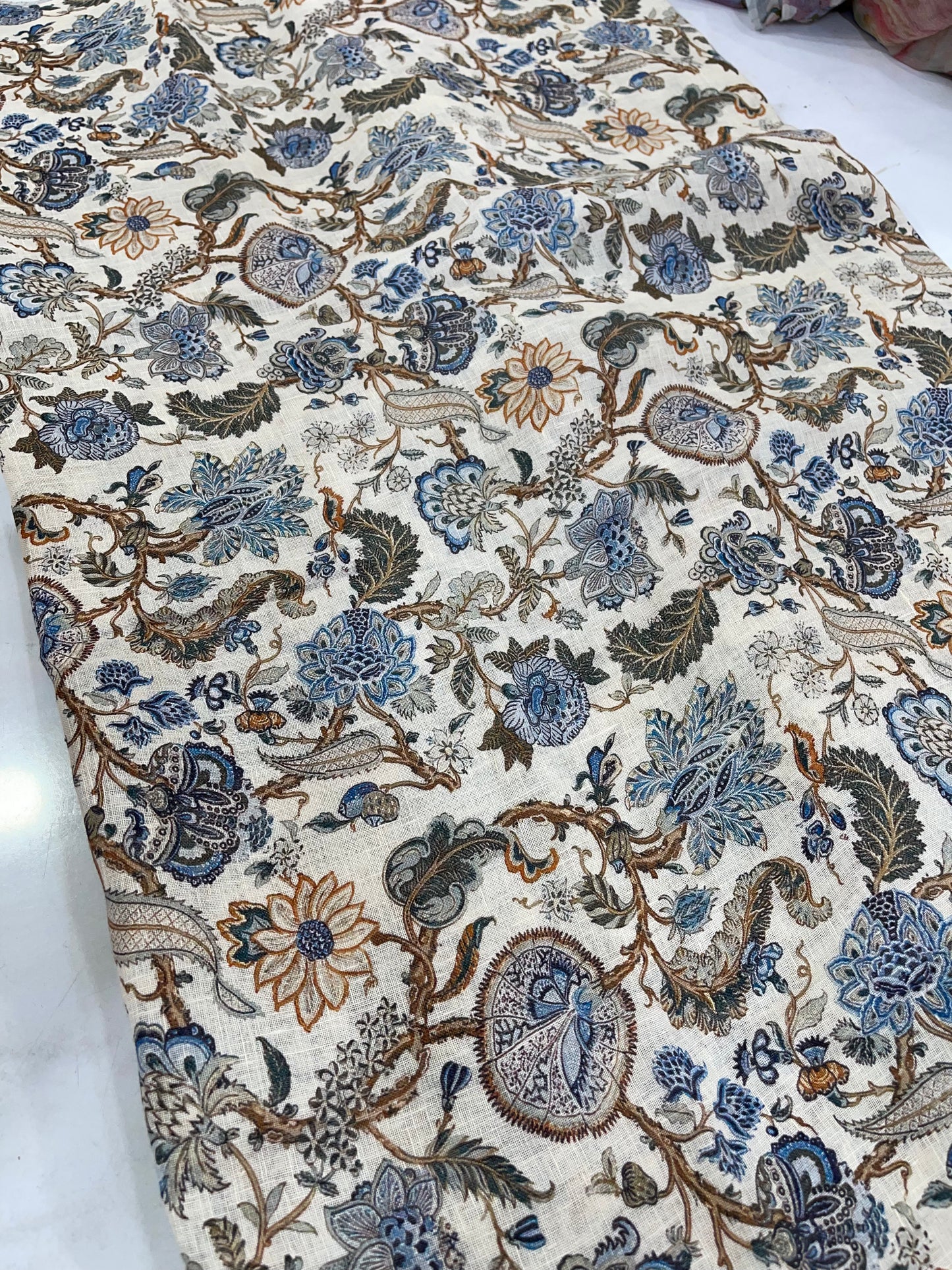 Pure Linen Digital Print Fabric – Floral Beige Base