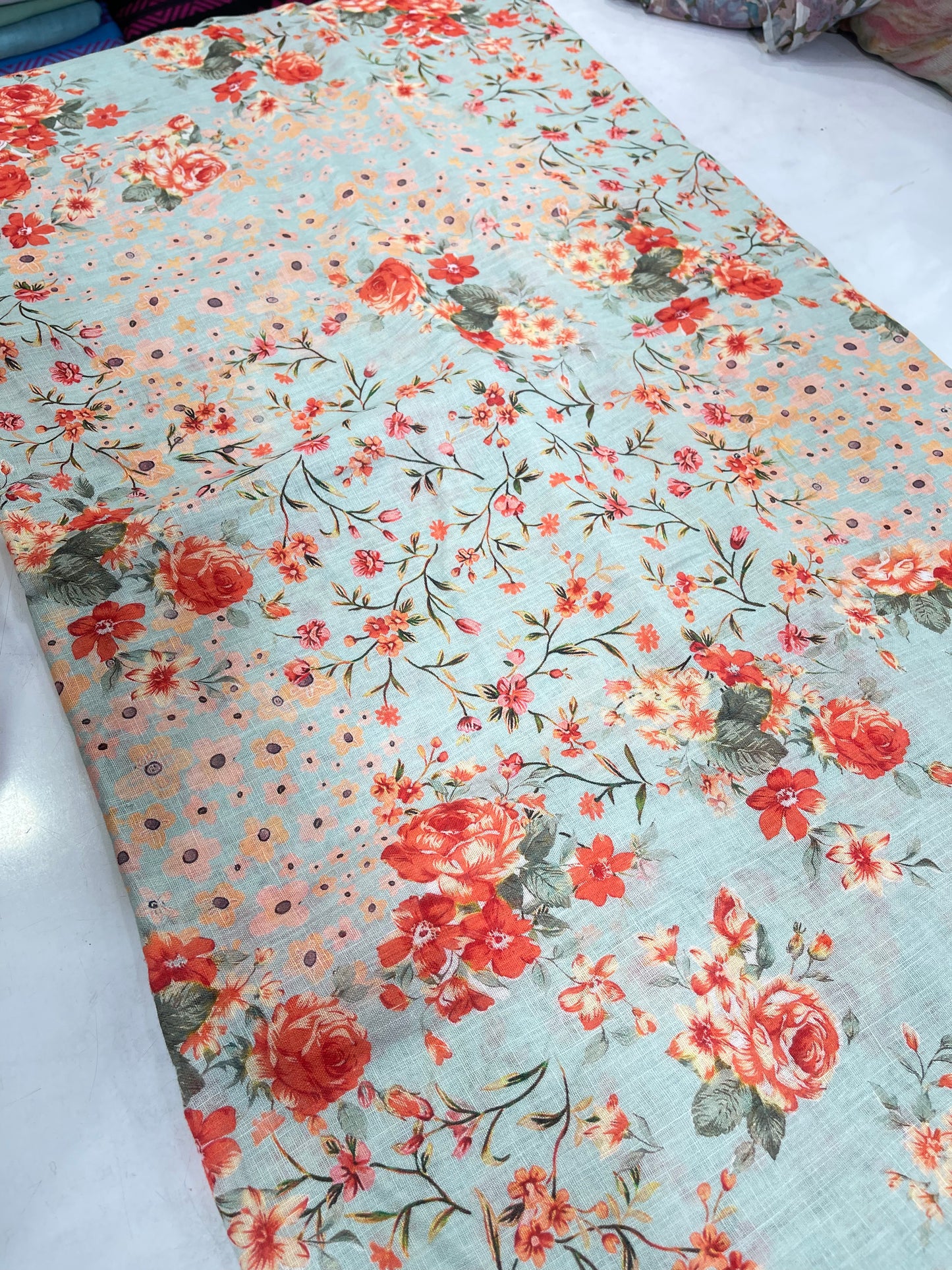 Pure Linen Digital Print Fabric – Floral Multicolor on Pastel Blue Base
