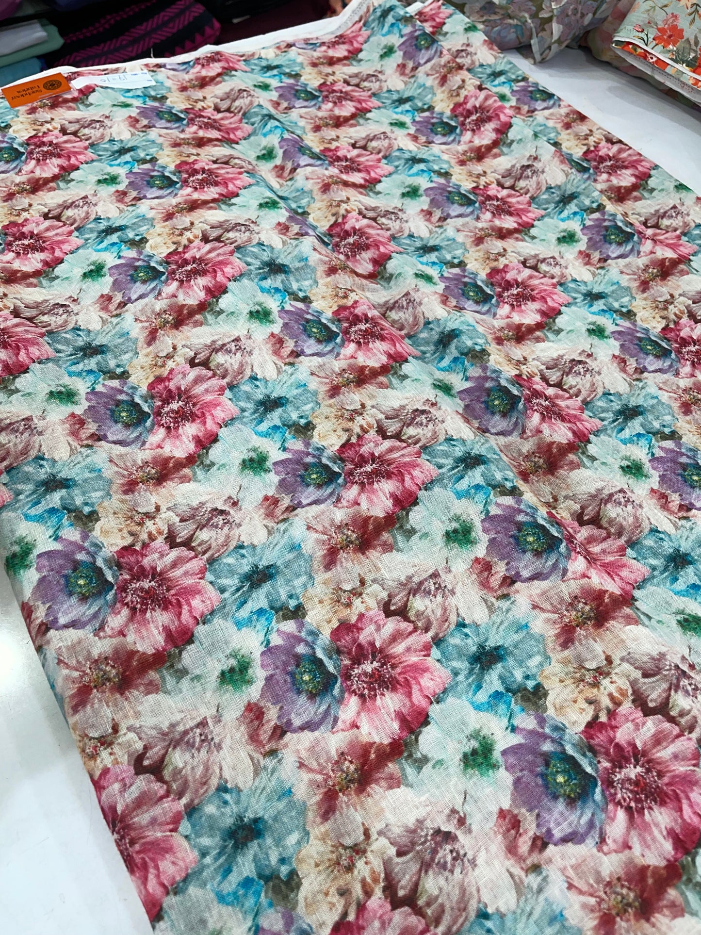 Pure Linen Digital Print Fabric – Multicolor Artistic Floral Design