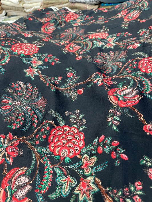 Elegant Black Floral Vine Printed Fabric – Red & Green Botanical Design Dress Material