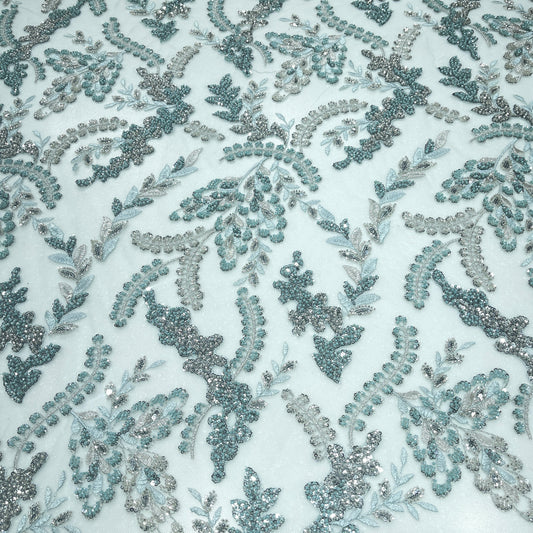 Luxury Aqua Blue & Silver Hand-Beaded Embroidered Net Fabric | Bridal & Couture Lace