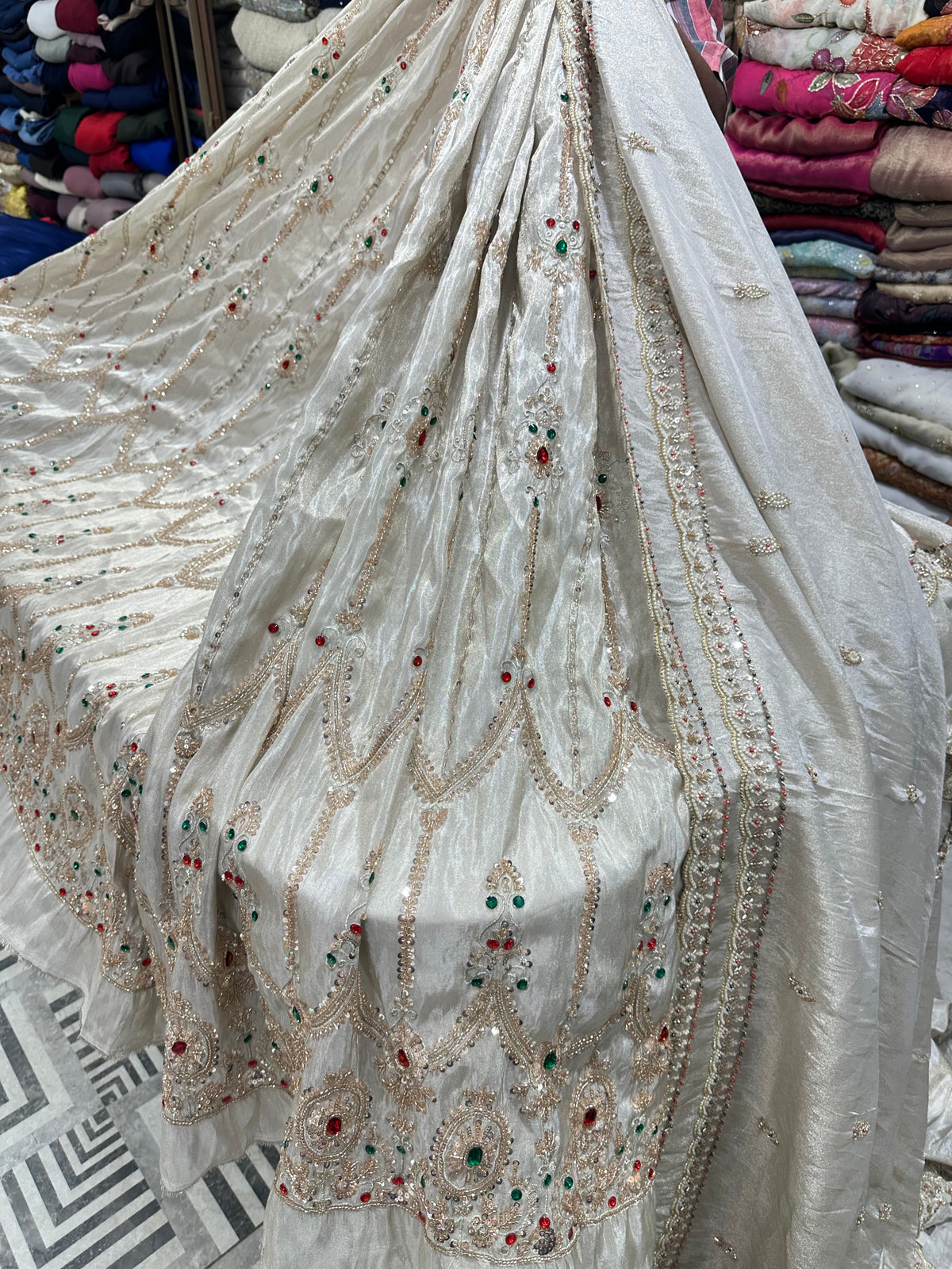 Silk Tissue Embroidery Fabric with Intricate Sequin & Stone Work