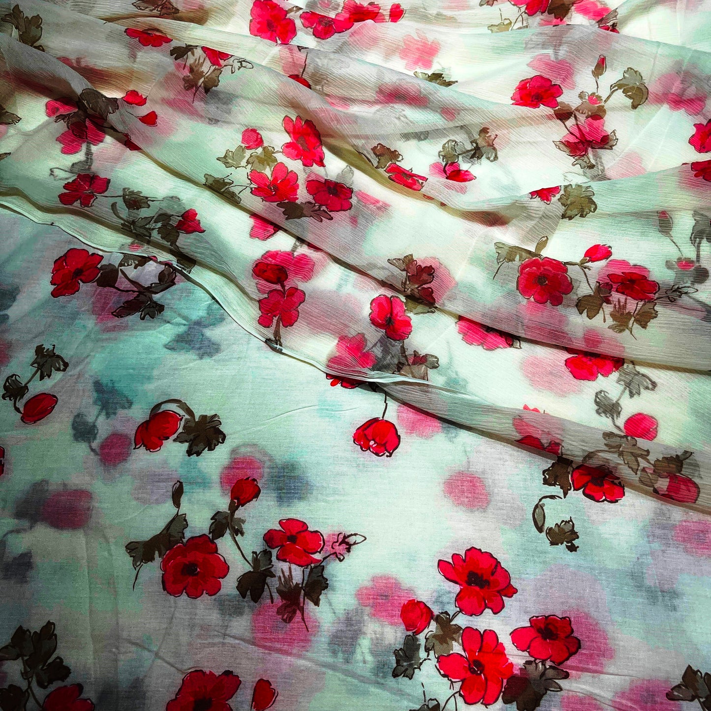 Mint Green & Red Floral Printed Cotton & Chiffon Fabric Combo