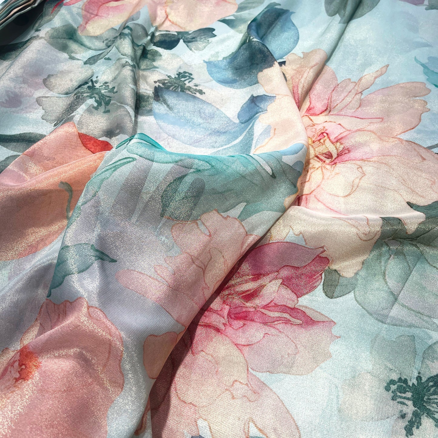 Luxury Aqua Blue Floral Shimmer Tissue Fabric
