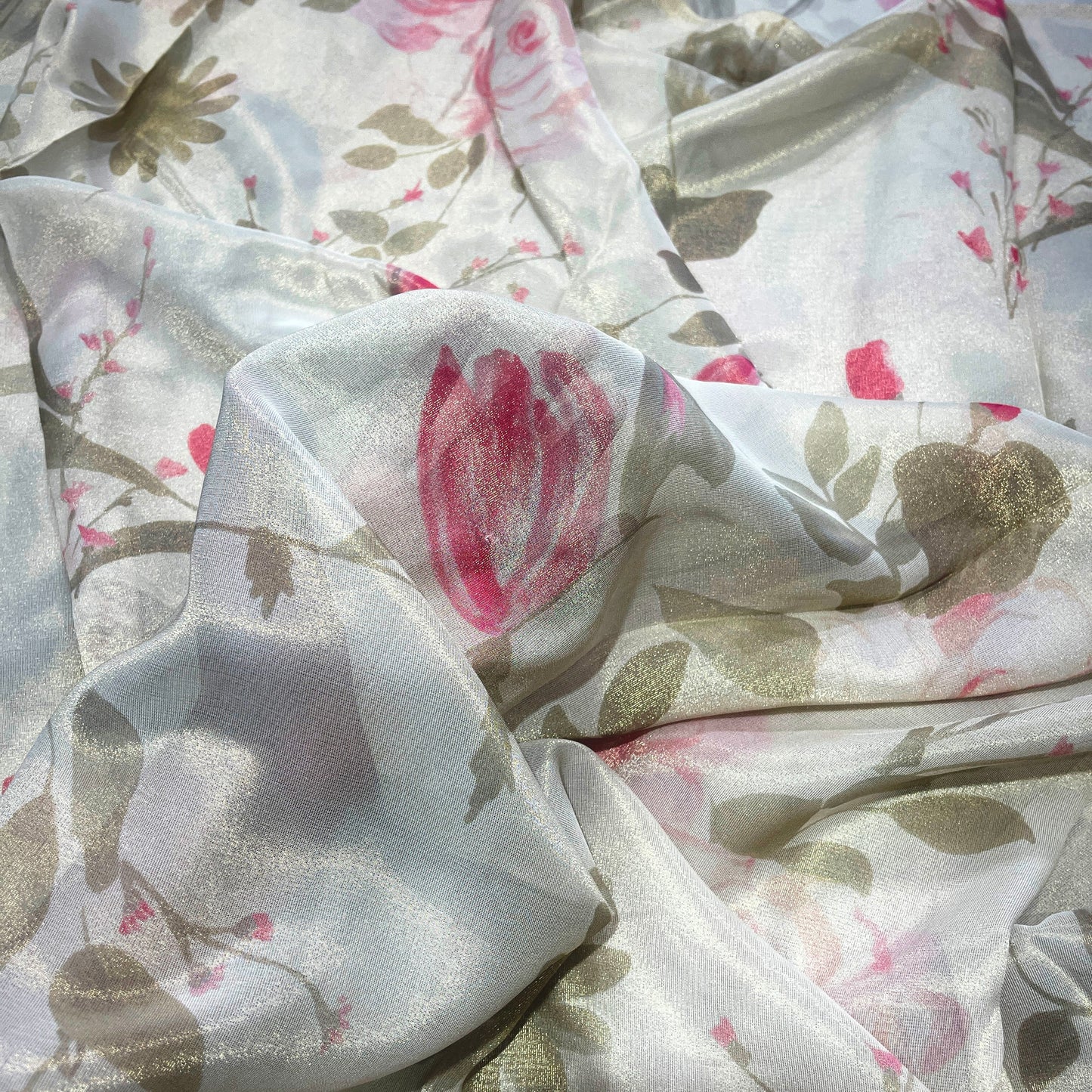 Elegant Pearl White Floral Shimmer Tissue Fabric