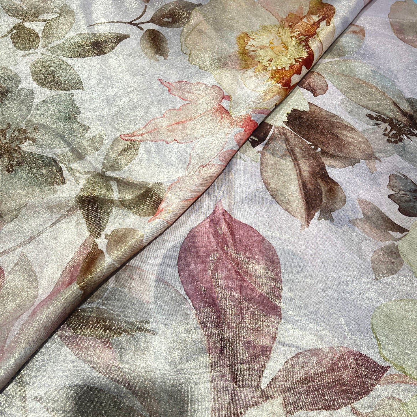 Ivory Mist Shimmer Tissue Fabric – Pastel Floral Metallic Designer Fabric