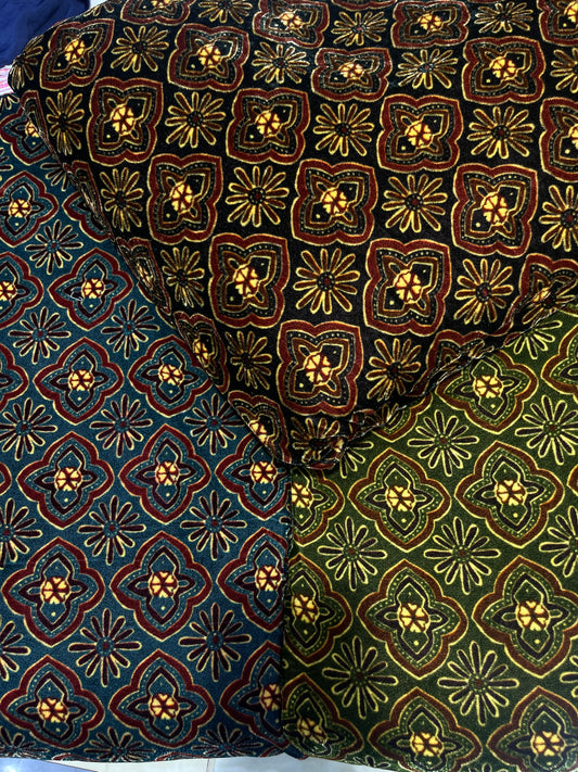 Traditional Ajrakh Style Geometric Floral Printed Fabric (Black, Blue & Olive)