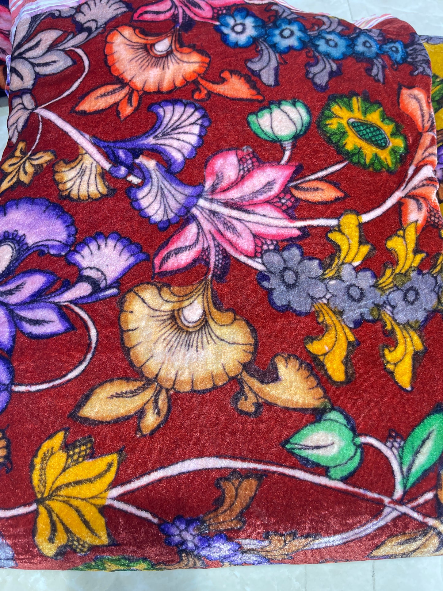 Mustard Yellow Multicolor Floral Velvet Fabric – Soft Designer Botanical Print Textile