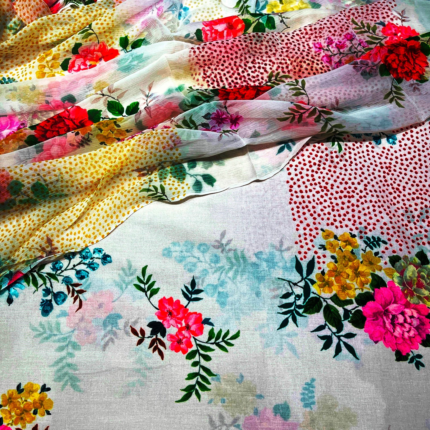 Elegant Multicolor Floral & Polka Dot Cotton Chiffon Fabric Combo