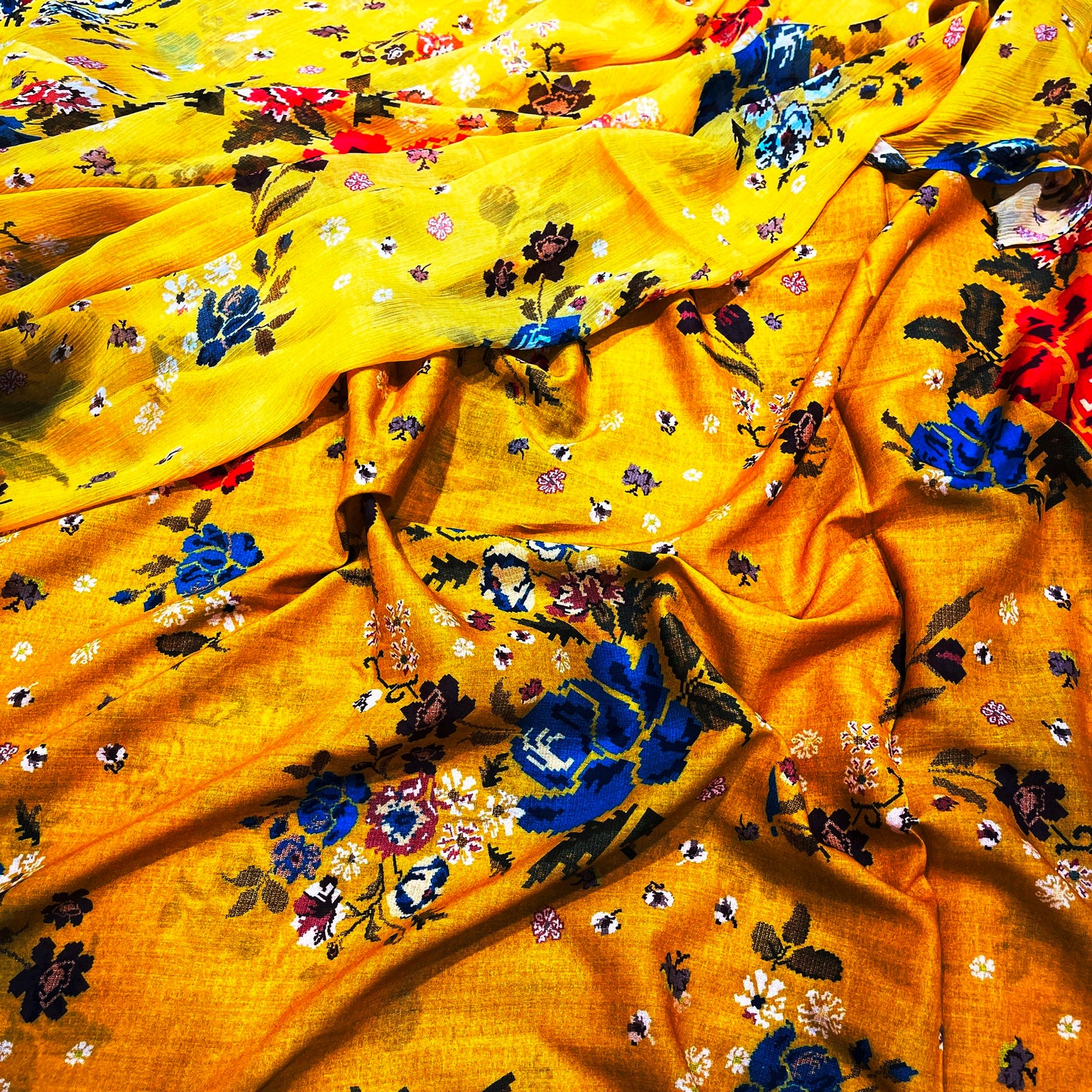 Sunflower Yellow Floral Cotton Chiffon Fabric Combo