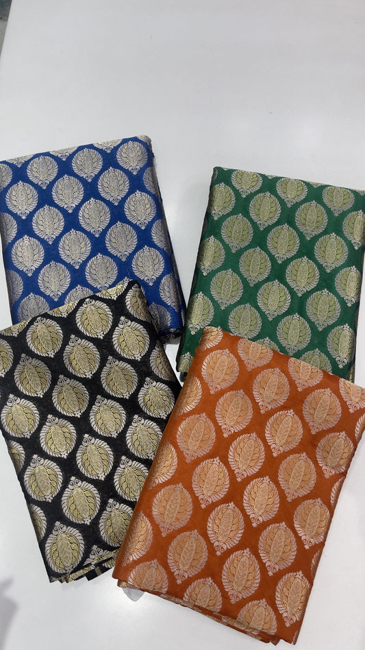 Pure Silk Royal Blue Zari Buta Brocade Fabric with Antique Gold Weaving