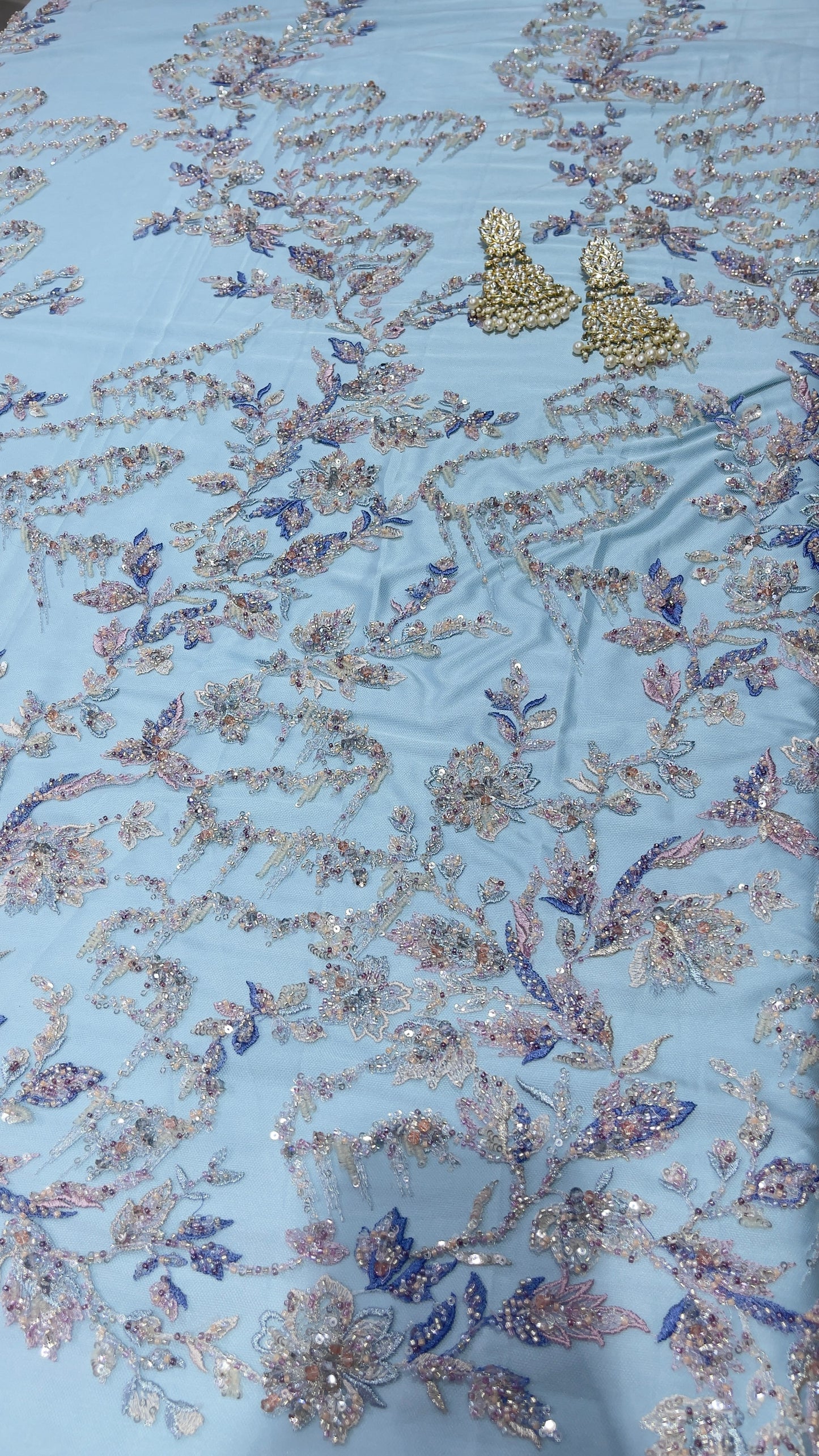 Designer Net Embroidery Fabric – Pastel Blue with Heavy Beads & Sequin Work