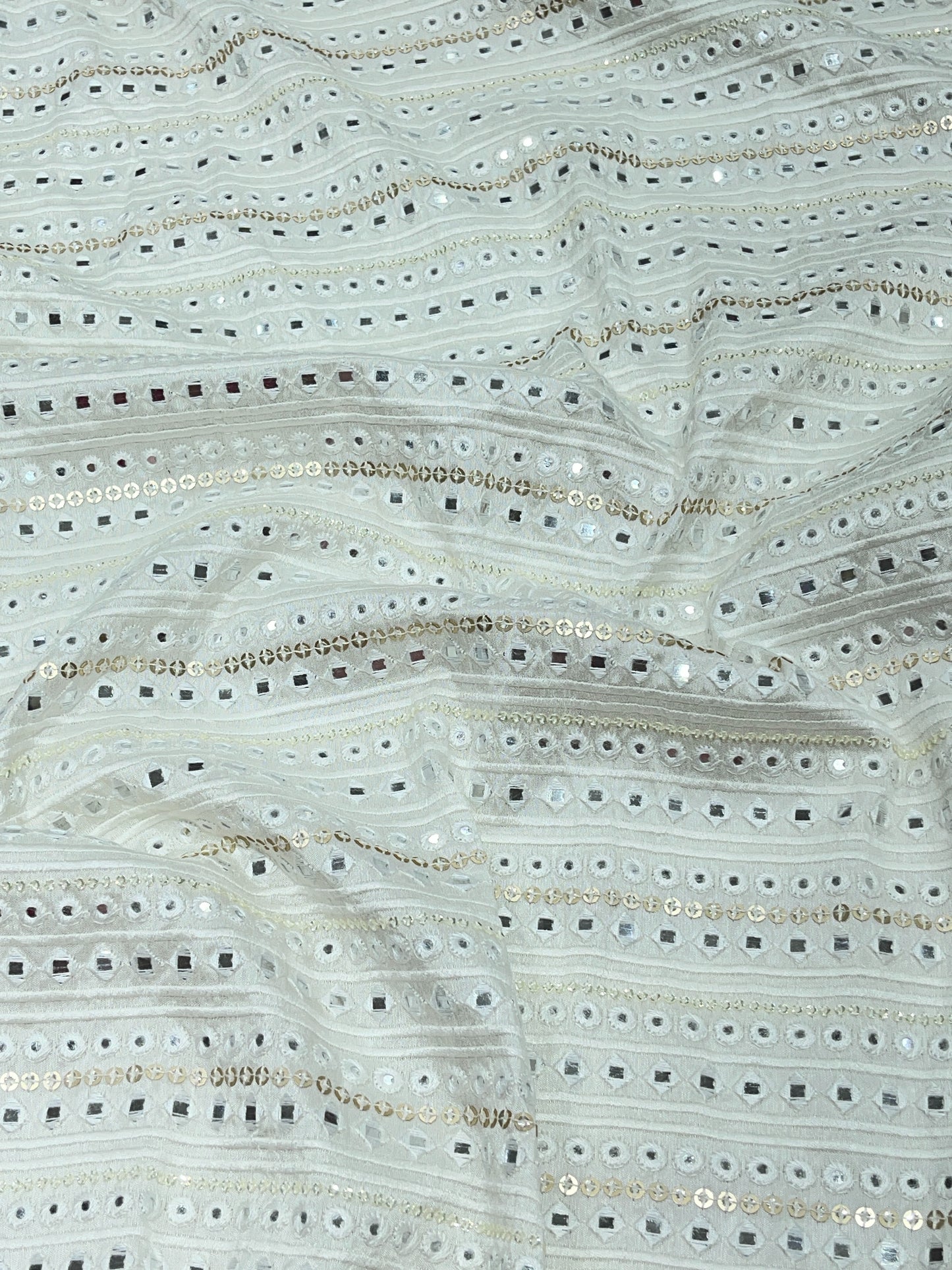 Dupion Embroidery Fabric in Off-White with Mirror & Thread Work
