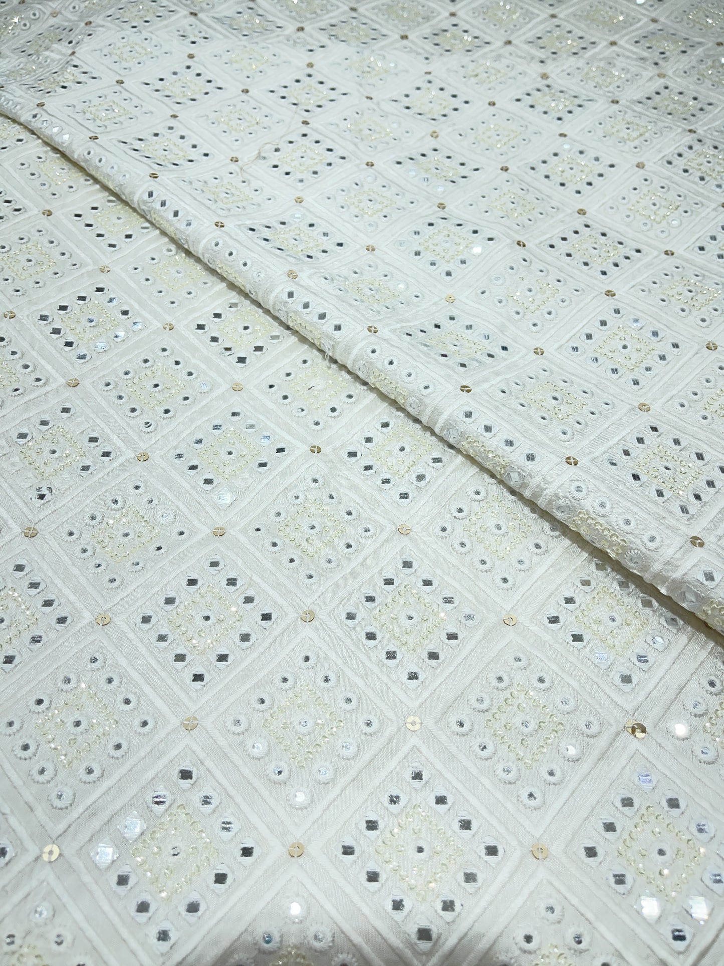 Dupion Embroidery Fabric – Ivory White Mirror & Sequin Work