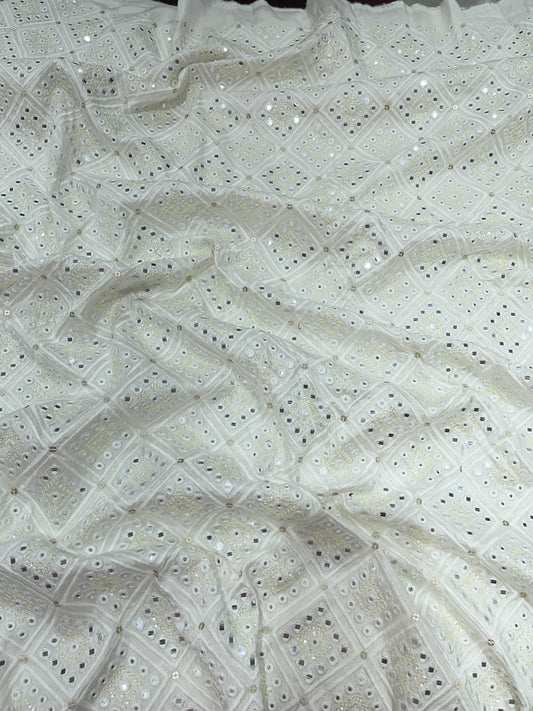 Dupion Embroidery Fabric – Ivory White Mirror & Sequin Work