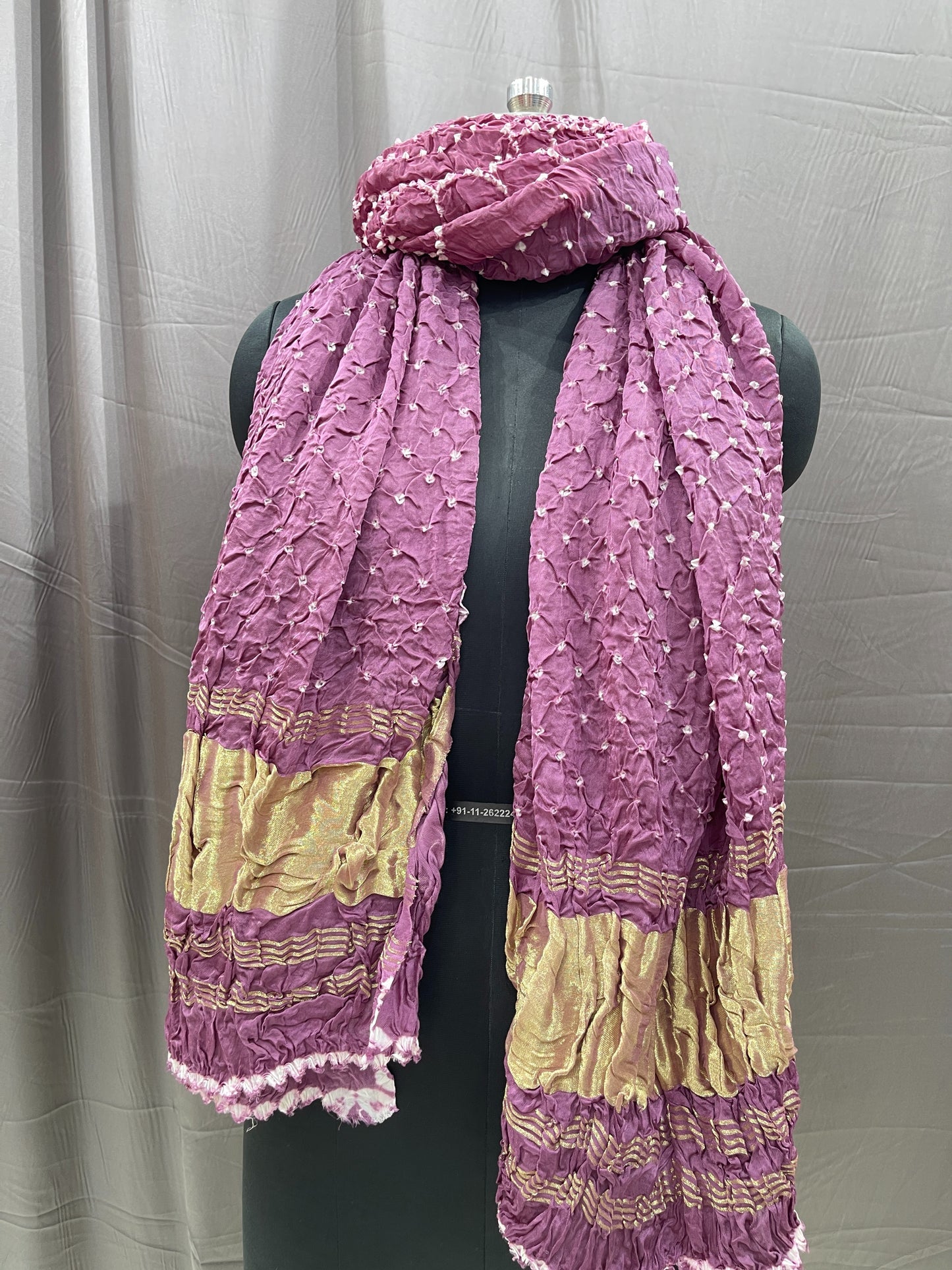 Pure Bandhani Dupatta – Mauve Purple with Gold Zari Border