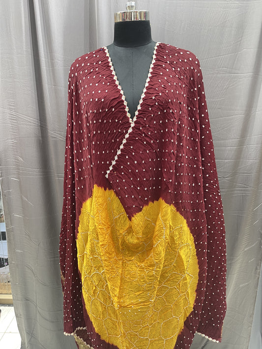 Pure Bandhani Dupatta in Maroon & Mustard with Traditional Tie-Dye Work